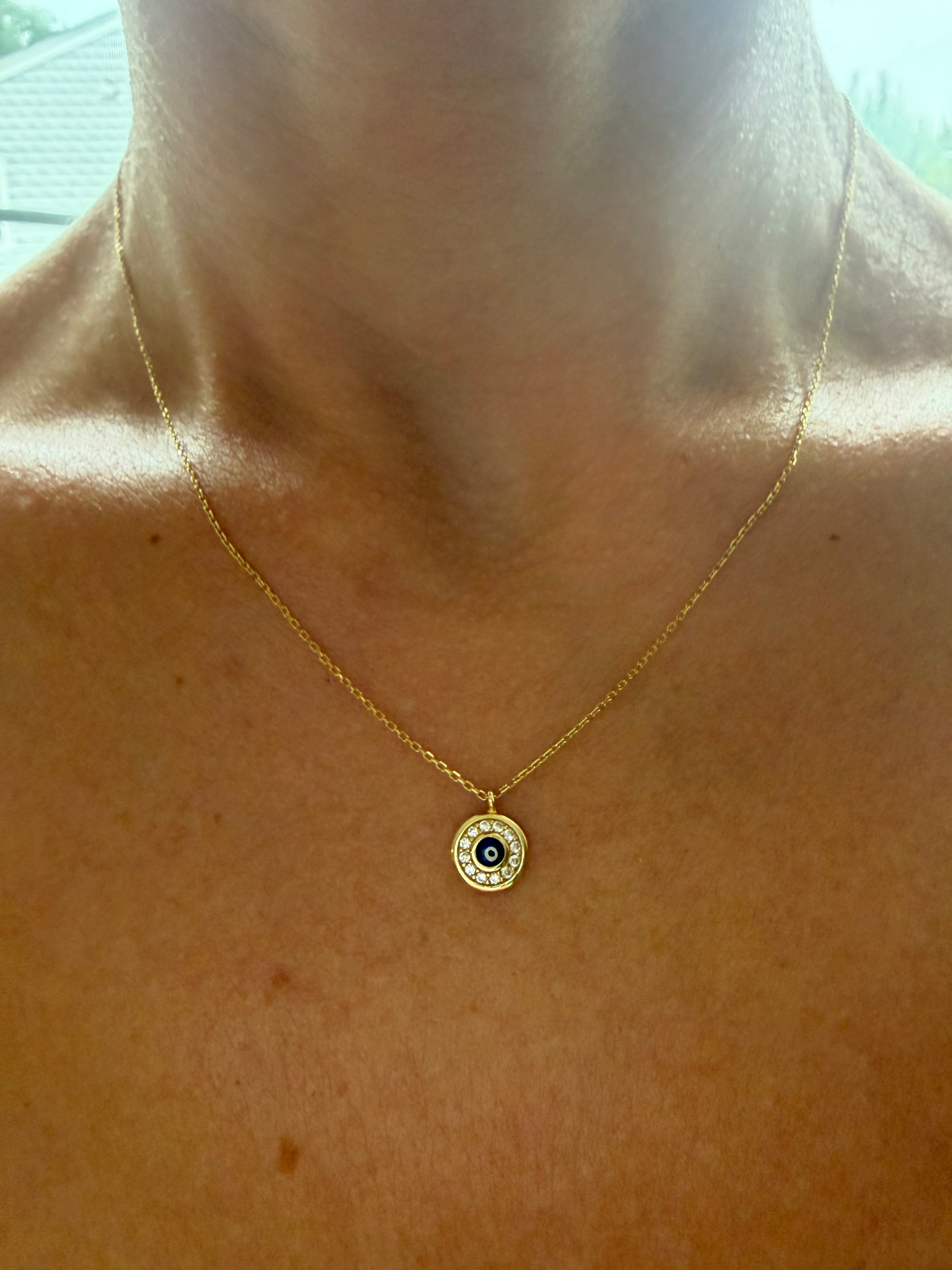 14K Solid Yellow Gold Round Evil Eye Necklace
