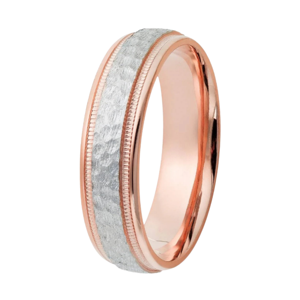 Alianzas de boda para hombre en oro de dos tonos con acabado martillado