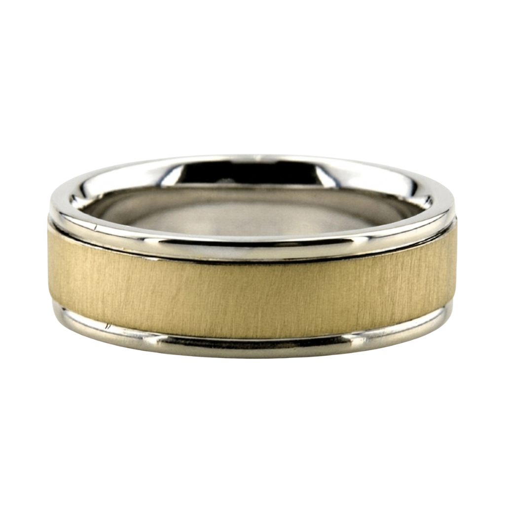 Alianzas de boda para hombre con acabado cepillado en oro blanco y amarillo de 14 quilates