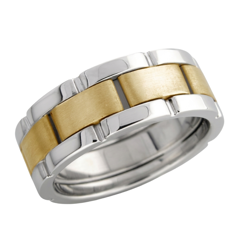 Bandes de mariage pour hommes faites à la main en or bicolore avec finition martelée