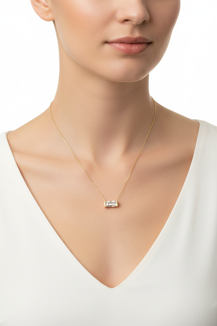 14K Yellow Gold Baguette Solitaire Necklace