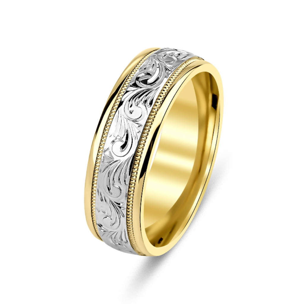 Two Tone Gold Hand Engraved Mens Wedding Bands