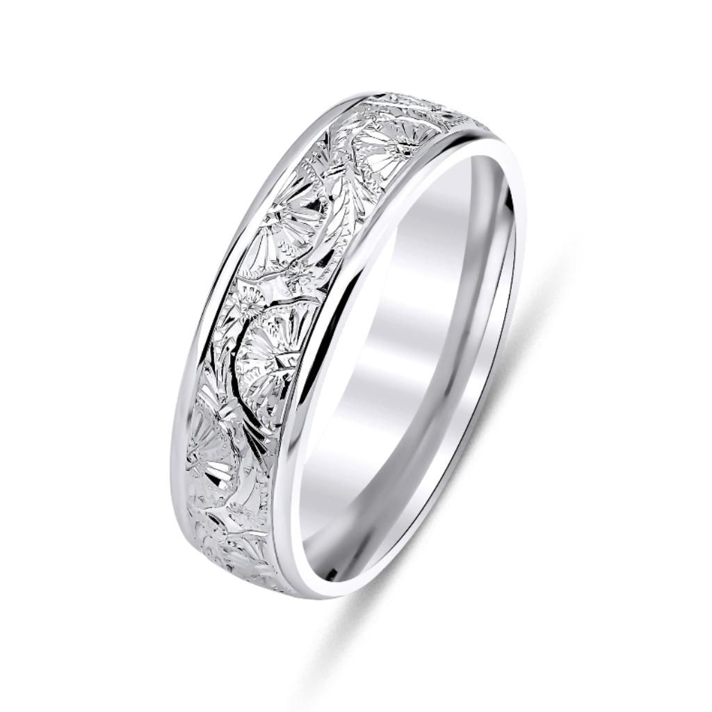 Bandes de mariage gravées à la main pour hommes en or blanc 6mm 10K 14K 18K