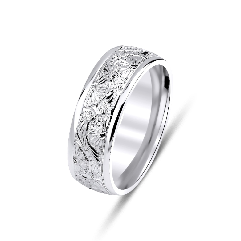 10K 14K 18K White Gold Hand Engraved Mens Wedding Bands
