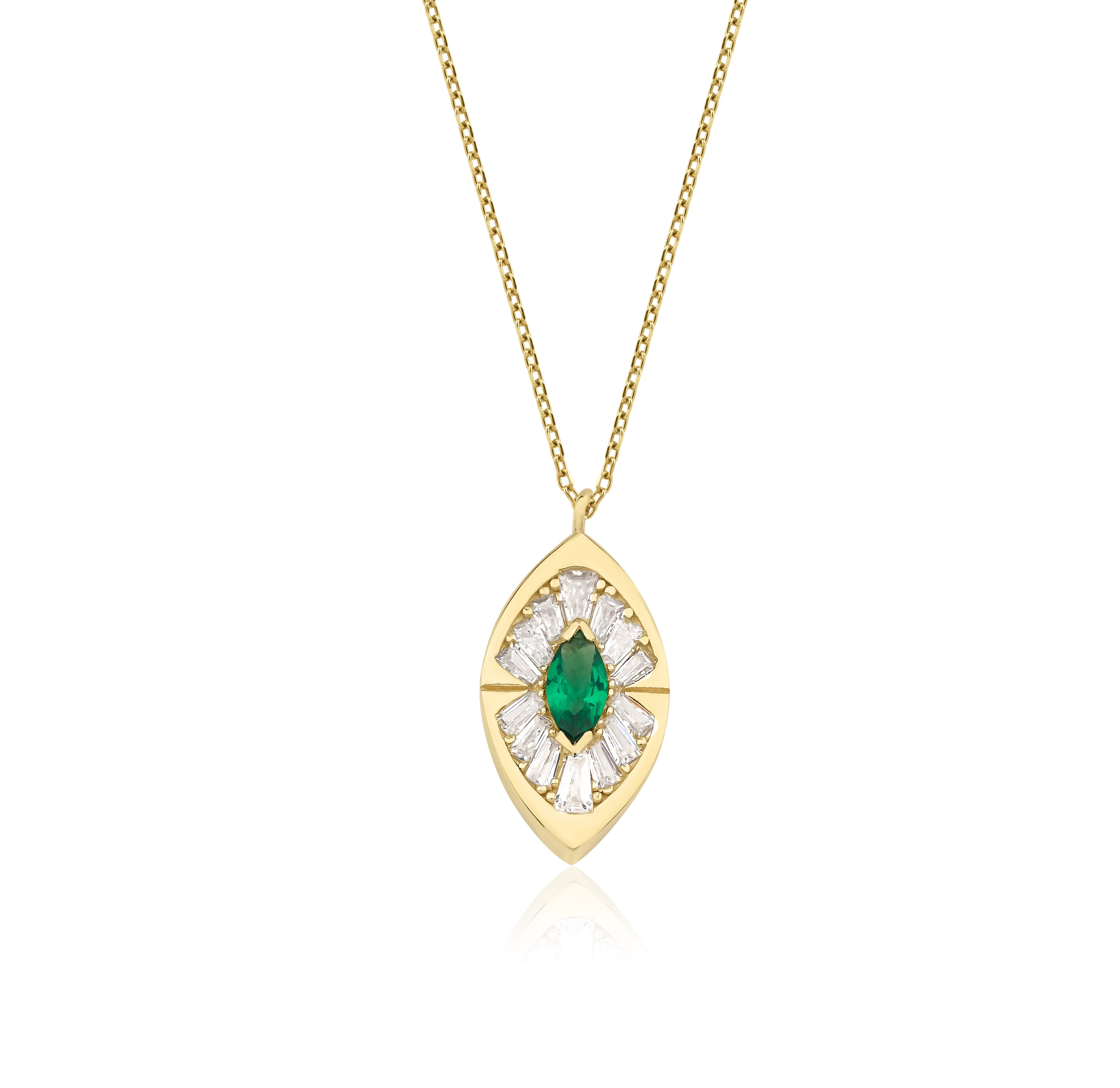 14K solid yellow gold marquise emerald necklace with CZ stones, perfect for everyday elegance.