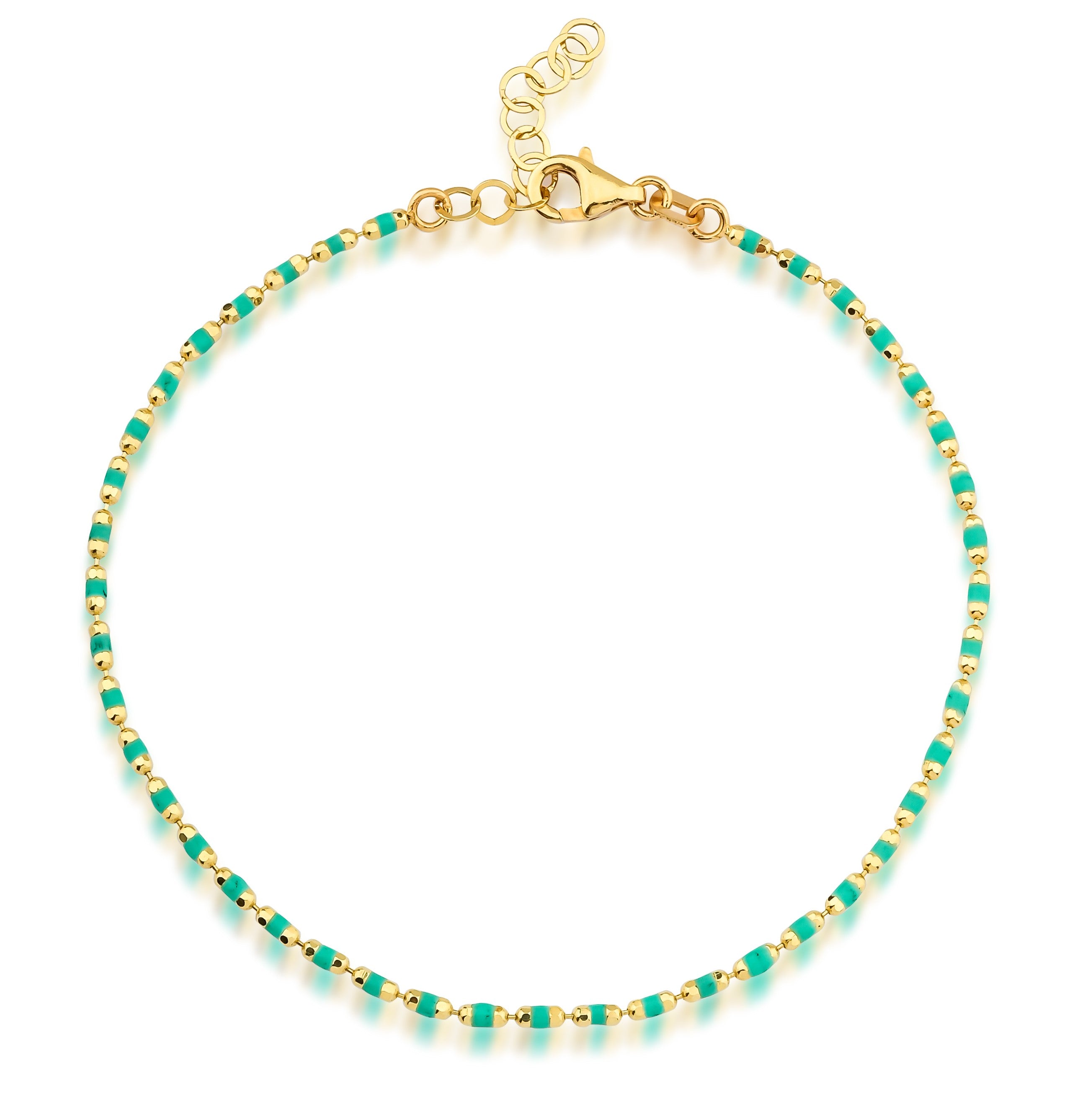 14K yellow gold green enamel beaded bracelet, minimalist design, 7 inches with extension, ideal for daily wear.