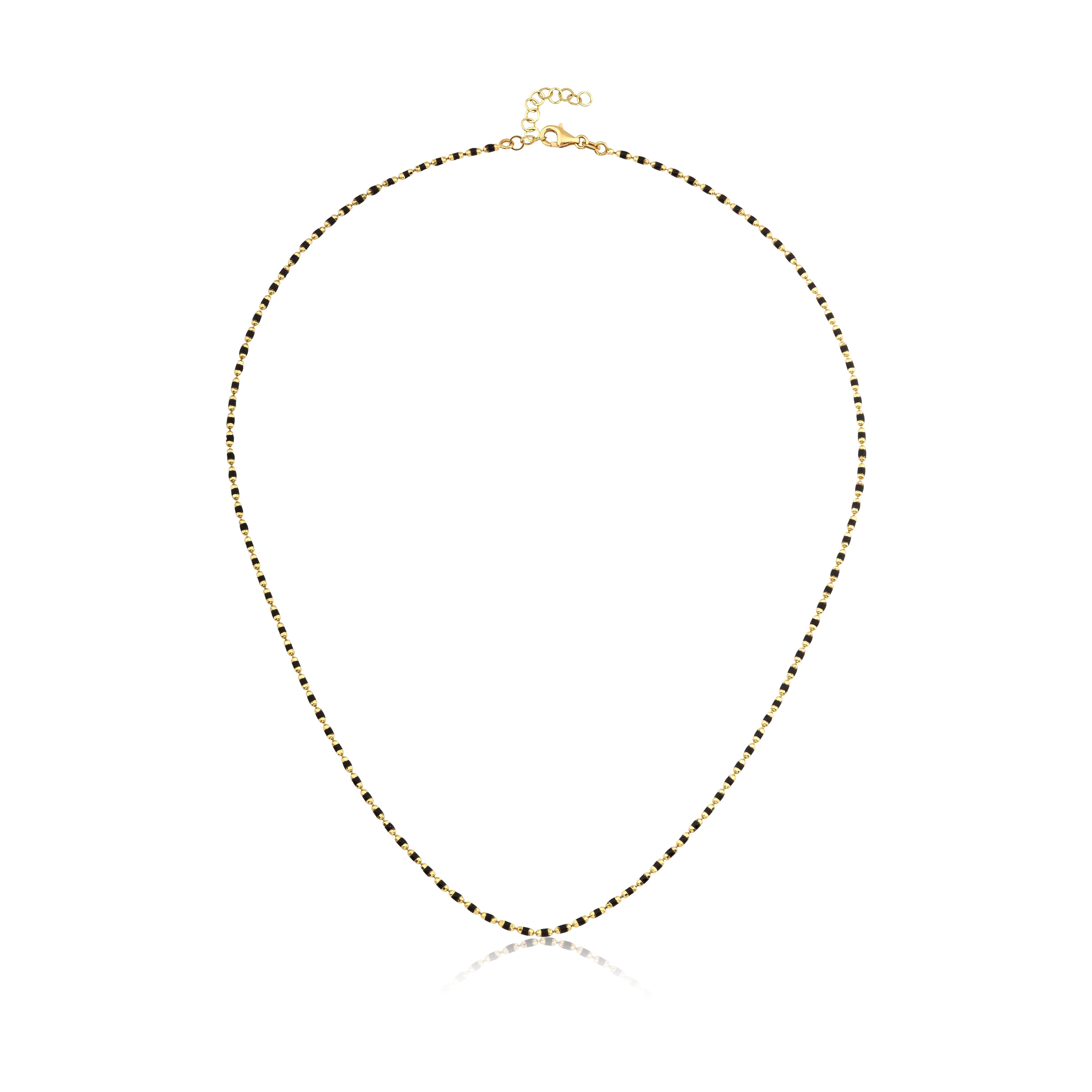 14K solid yellow gold and black enamel beaded necklace, minimalist design, 17.5 inches with extension.