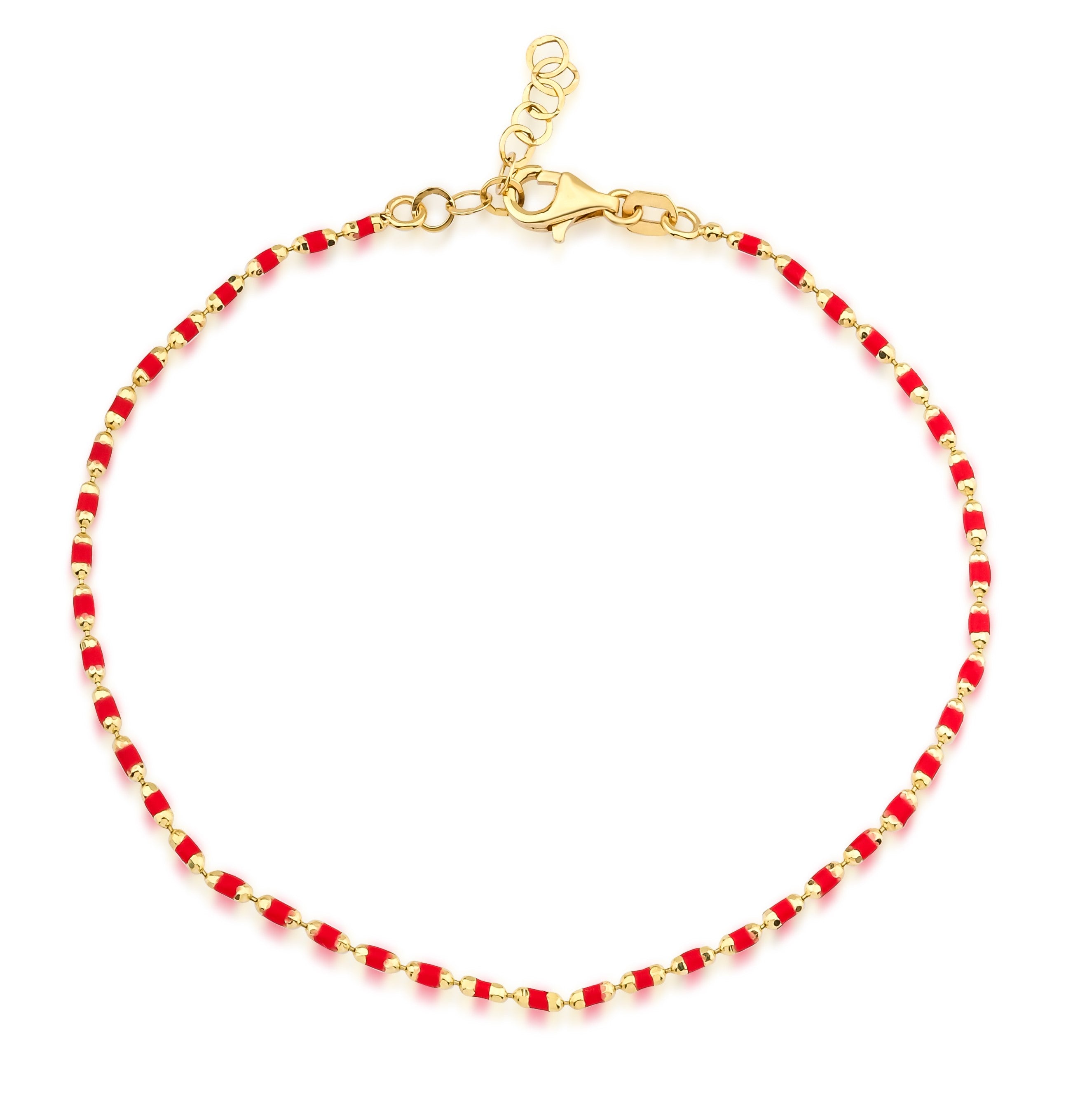 14K yellow gold red enamel beaded bracelet, dainty minimalist design, perfect for everyday use, comes in a gift box.