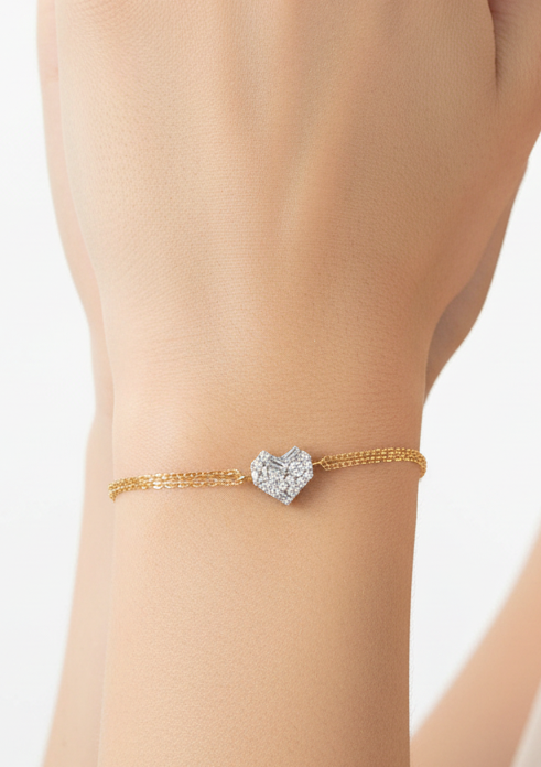 14K Solid Yellow Gold Baguette Heart Bracelet
