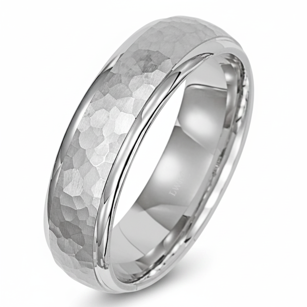14K White Gold Hammered Finish Mens Wedding Bands