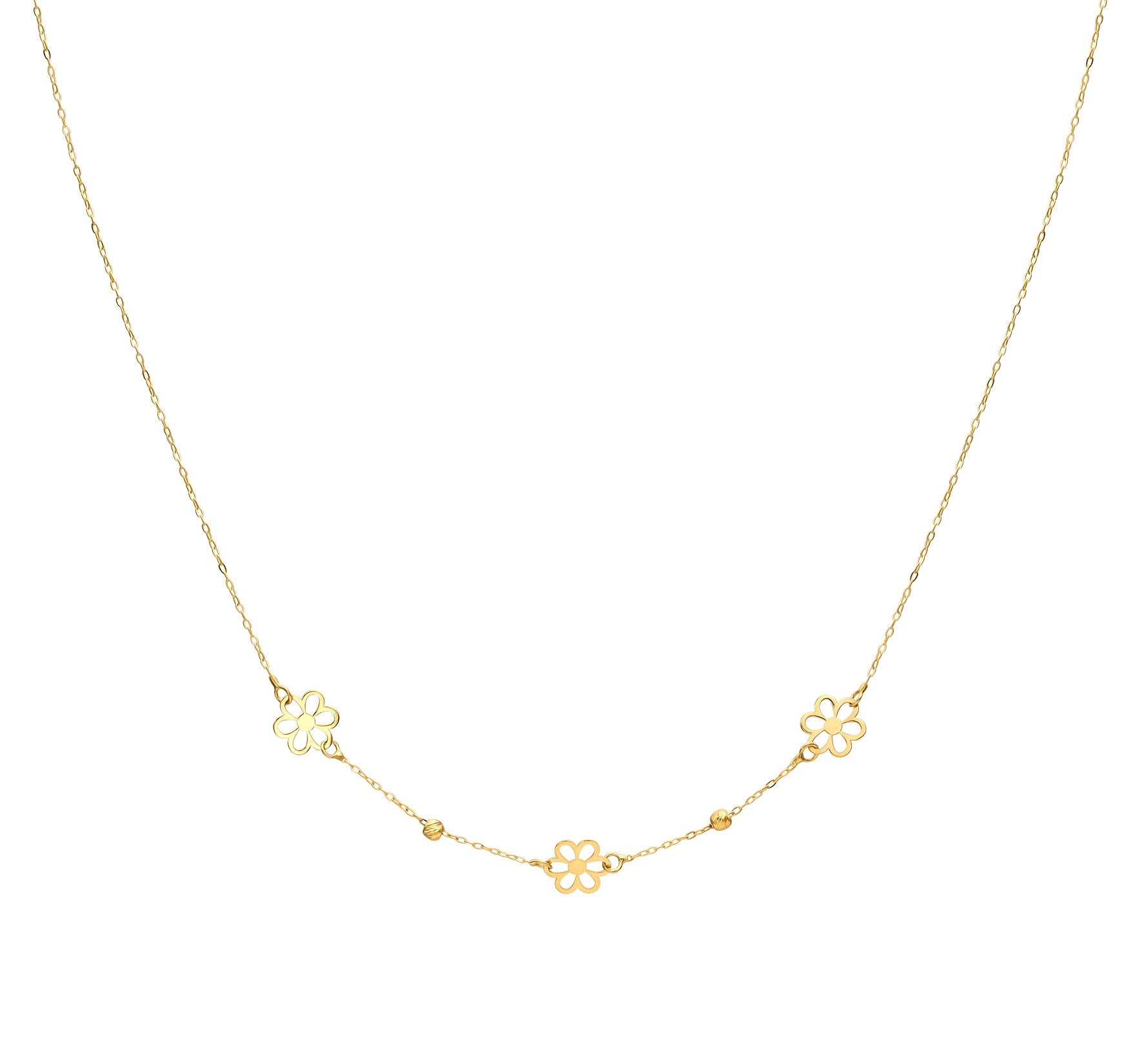 14K Solid Yellow Gold Station Daisy Flower Necklace