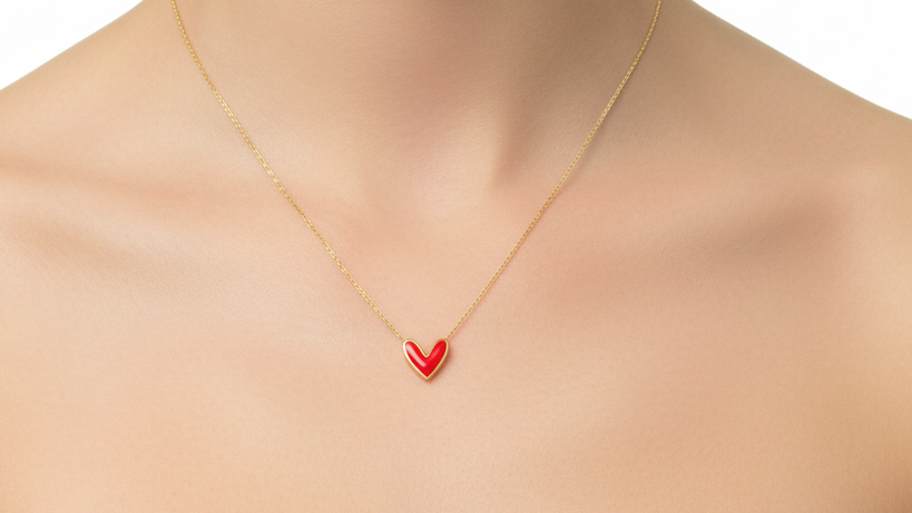 Collier trèfle rose en or jaune massif 14 carats