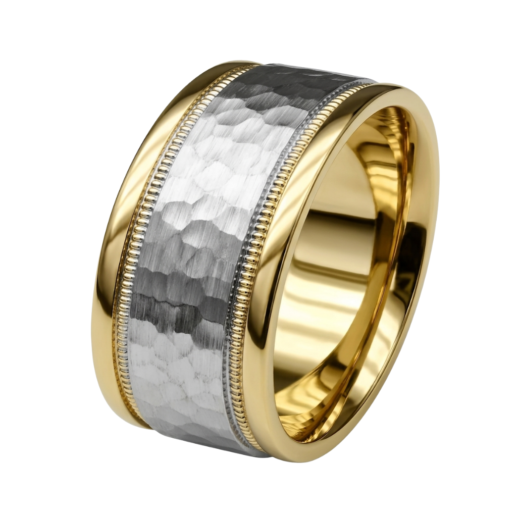 Hammered Finish Two Tone Gold Wedding Bands