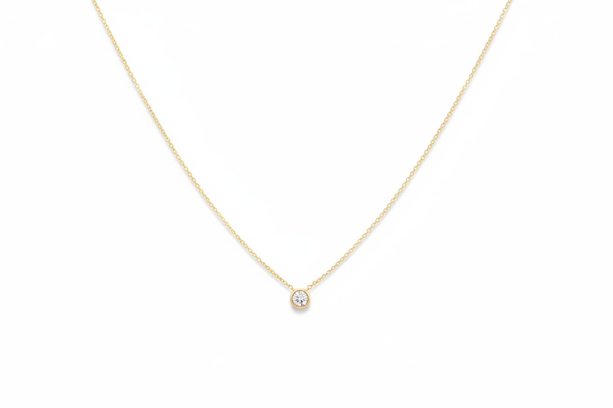 14K Solid Yellow Gold 0.12 Carat Natural Diamond Solitaire Necklace