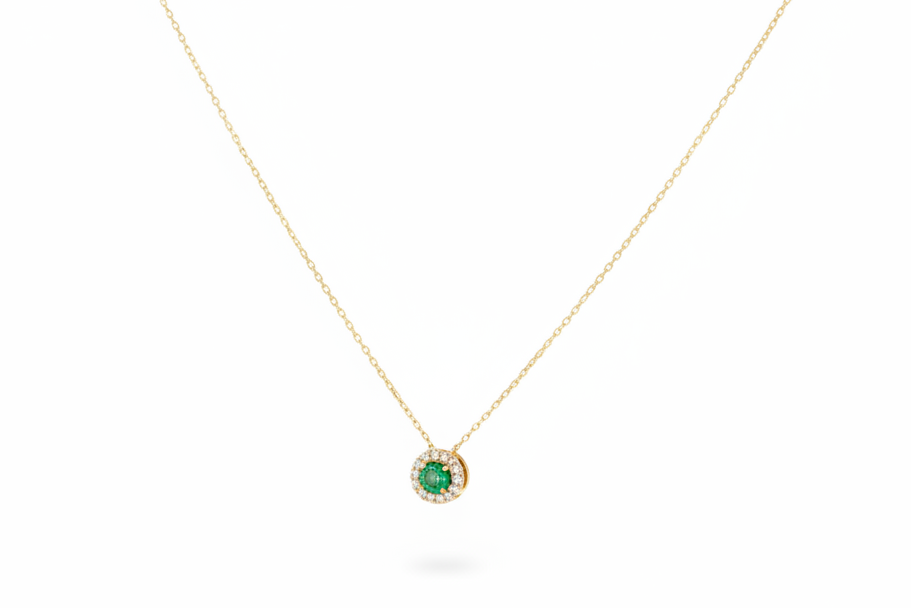 14K Solid Yellow Gold Round Solitaire Emerald Necklace