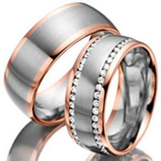 His and Hers diamond wedding rings set in two-tone gold with shiny rose gold and satin white gold finishes.
