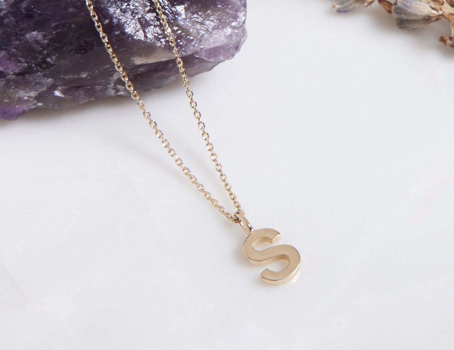 Collar inicial de oro blanco sólido de 14K, collar de letra S