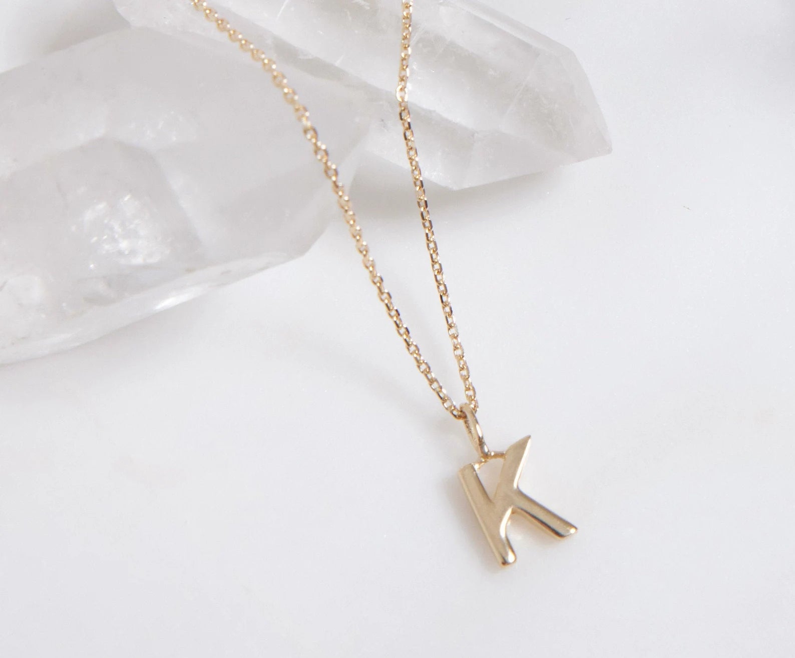 Collar inicial de oro blanco sólido de 14K, collar de letra K