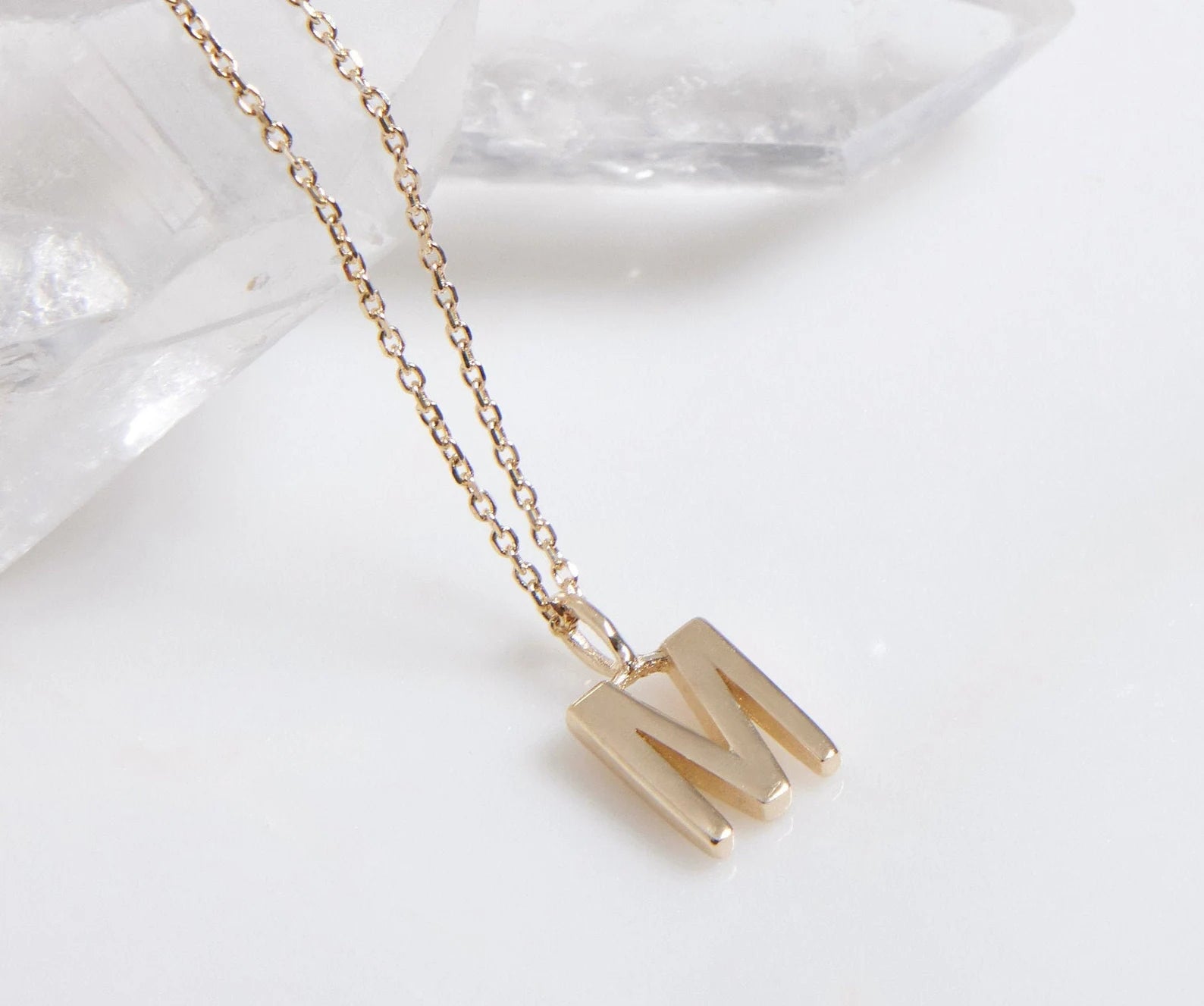 14K Solid Yellow Gold Initial Necklace, Letter M Necklace