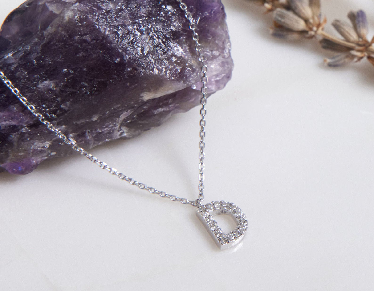 Collier initial en diamant en or blanc 14 carats, collier lettre D