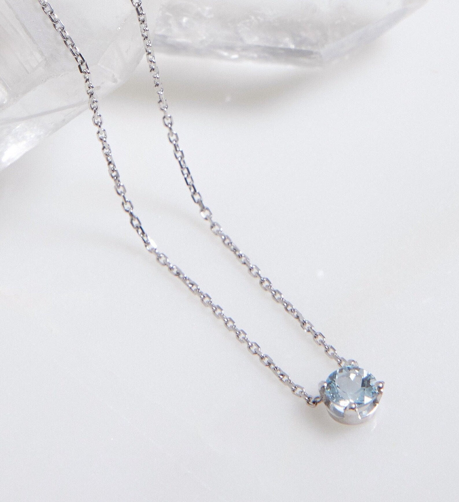 14K White Gold 5mm prong Setting Solitaire Aquamarine Necklace