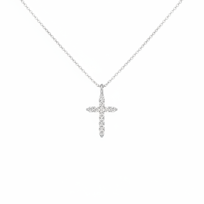 Collar con cruz de diamantes en oro blanco macizo de 14 quilates
