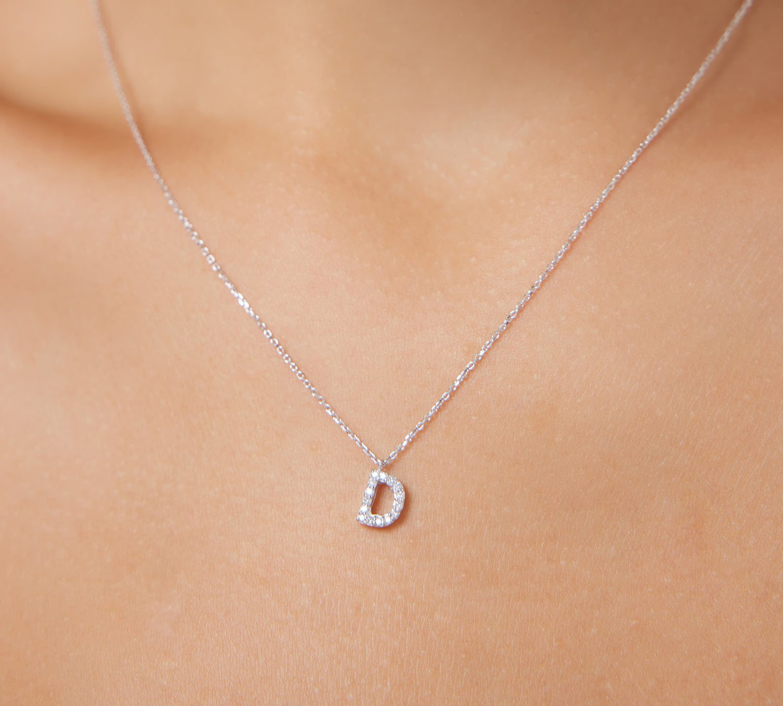 Collier initial en diamant en or blanc 14 carats, collier lettre D
