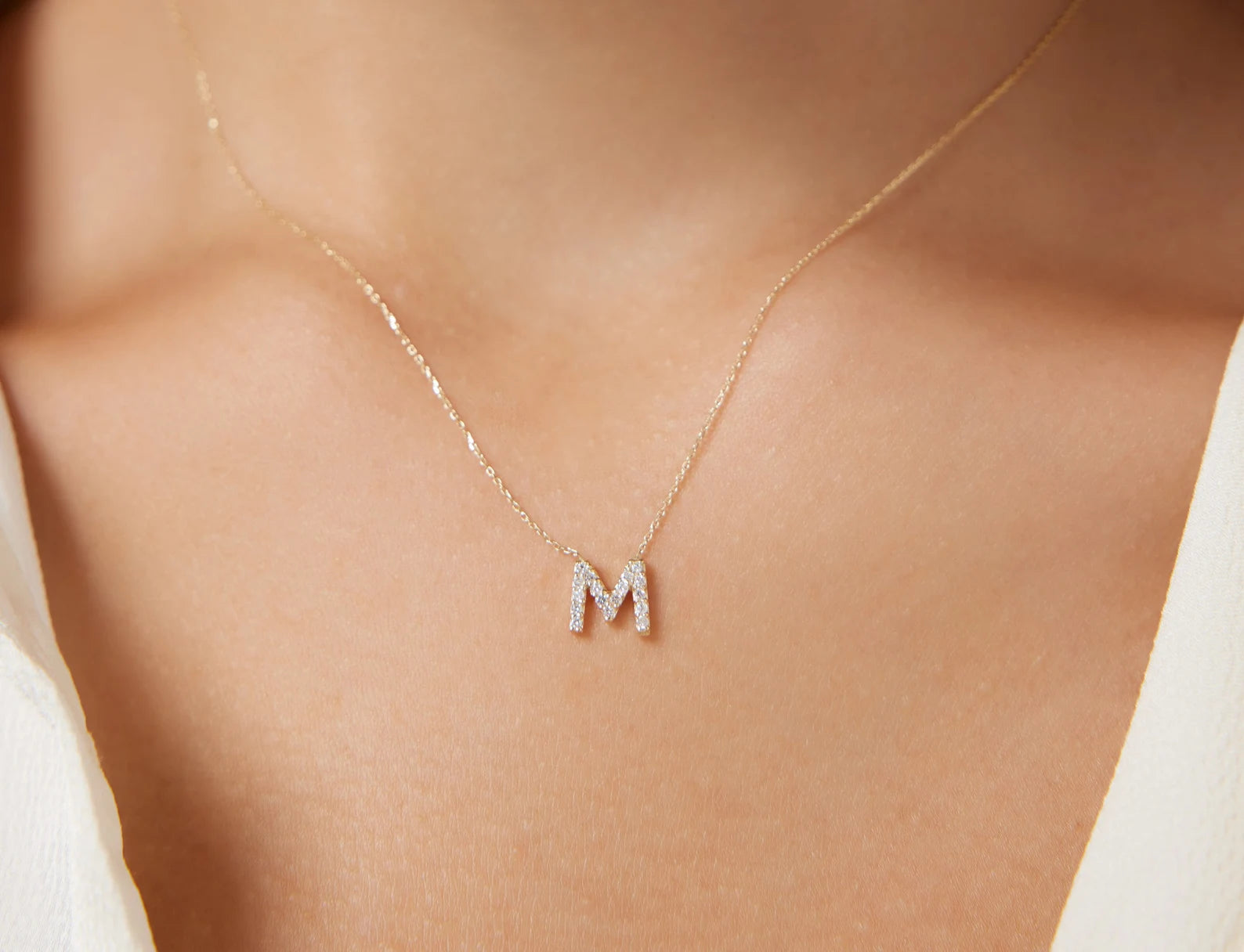14K White Gold Diamond Initial Necklace, Letter M Necklace