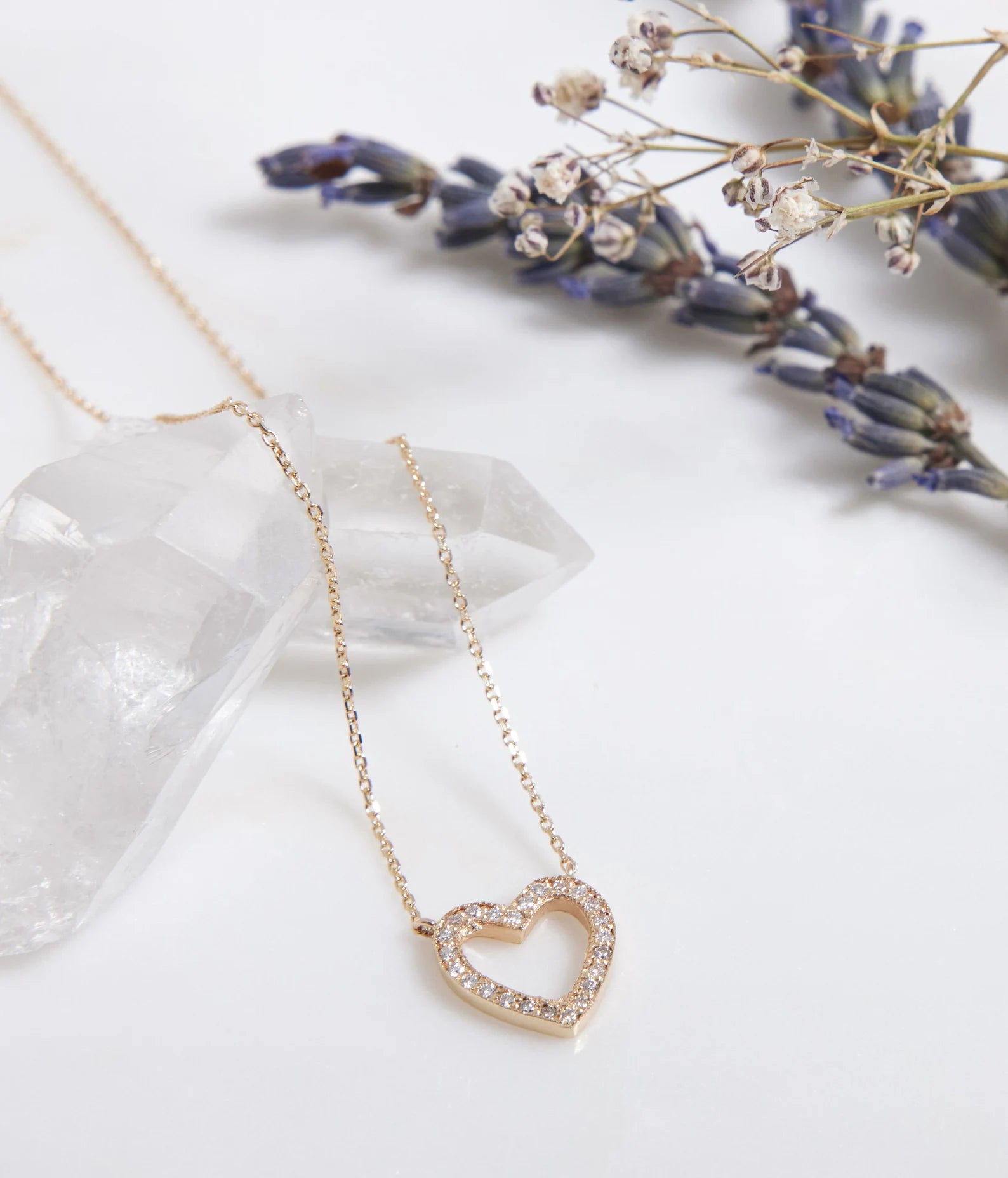 14K Solid White Gold Dainty Diamond Heart Necklace