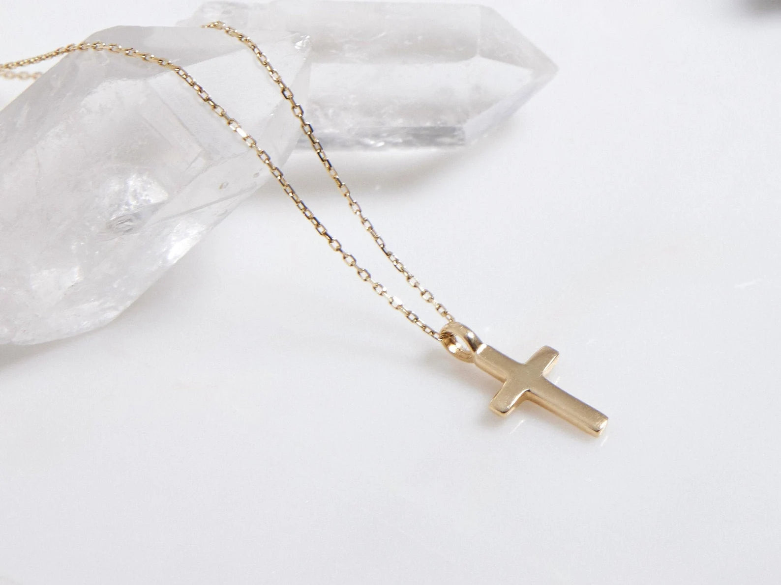 14K Solid Yellow Gold Dainty Cross Necklace