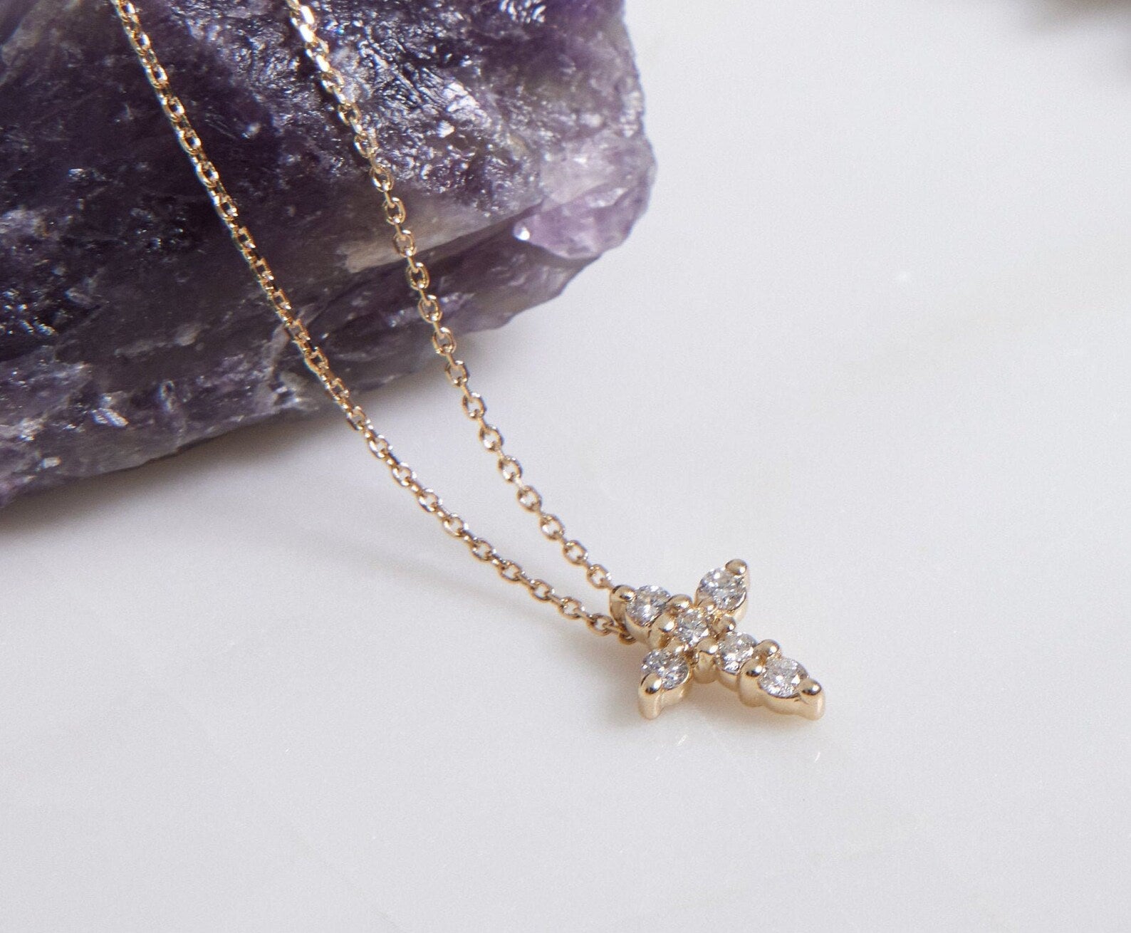 14K Solid Yellow Gold Minimalist Diamond Cross Necklace