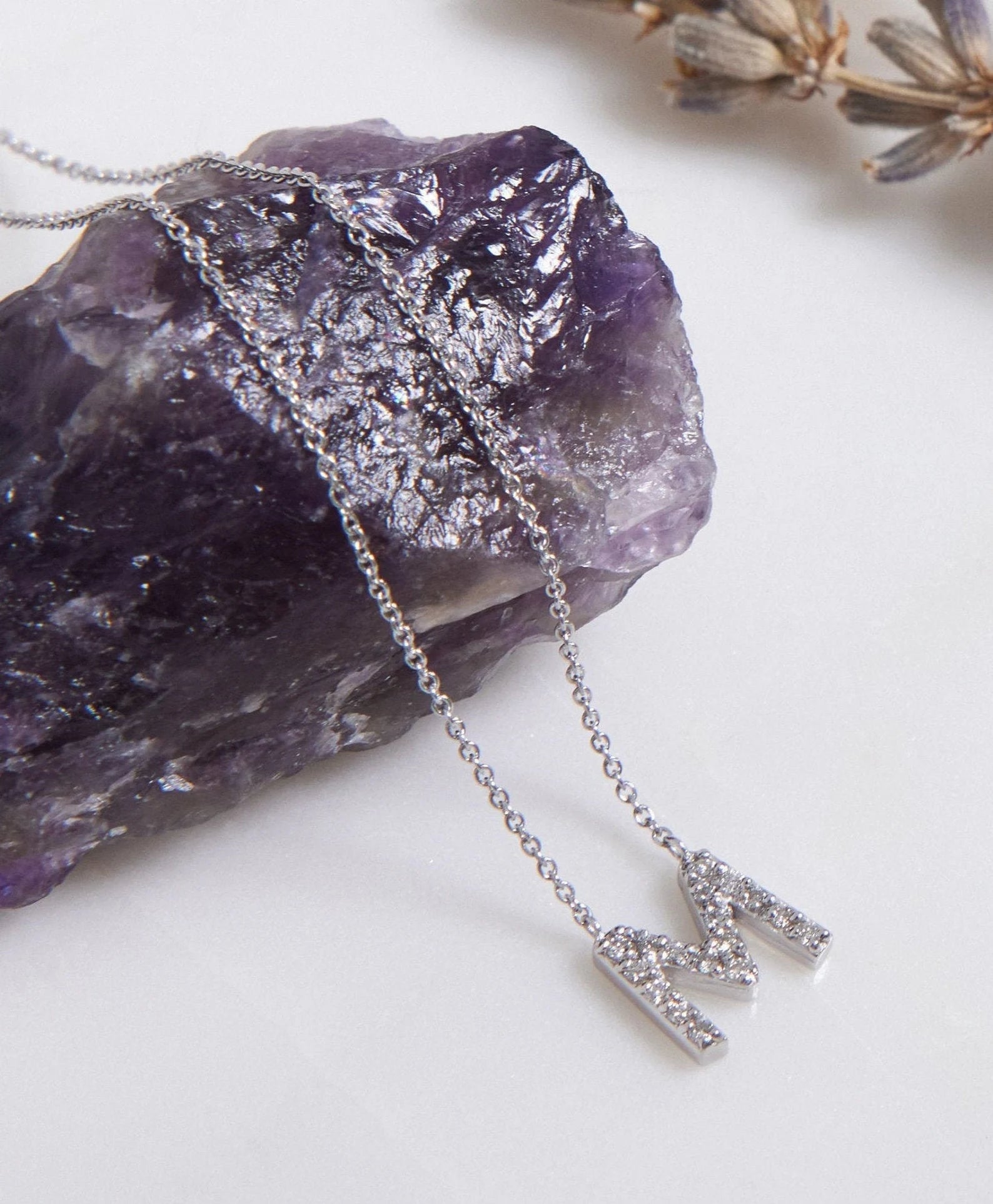 14K White Gold Diamond Initial Necklace, Letter M Necklace