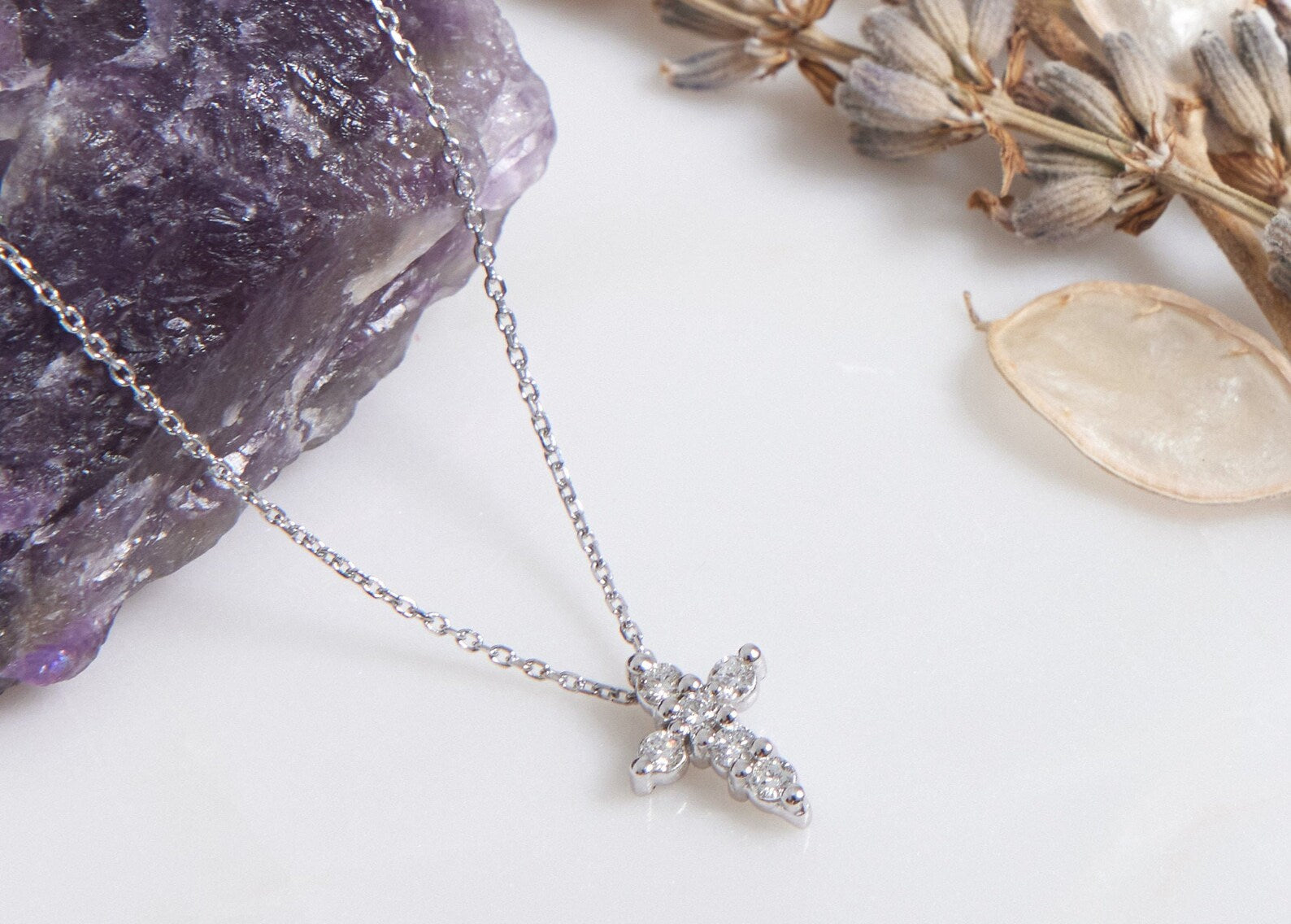 14K White Gold Minimalist Diamond Cross Necklace