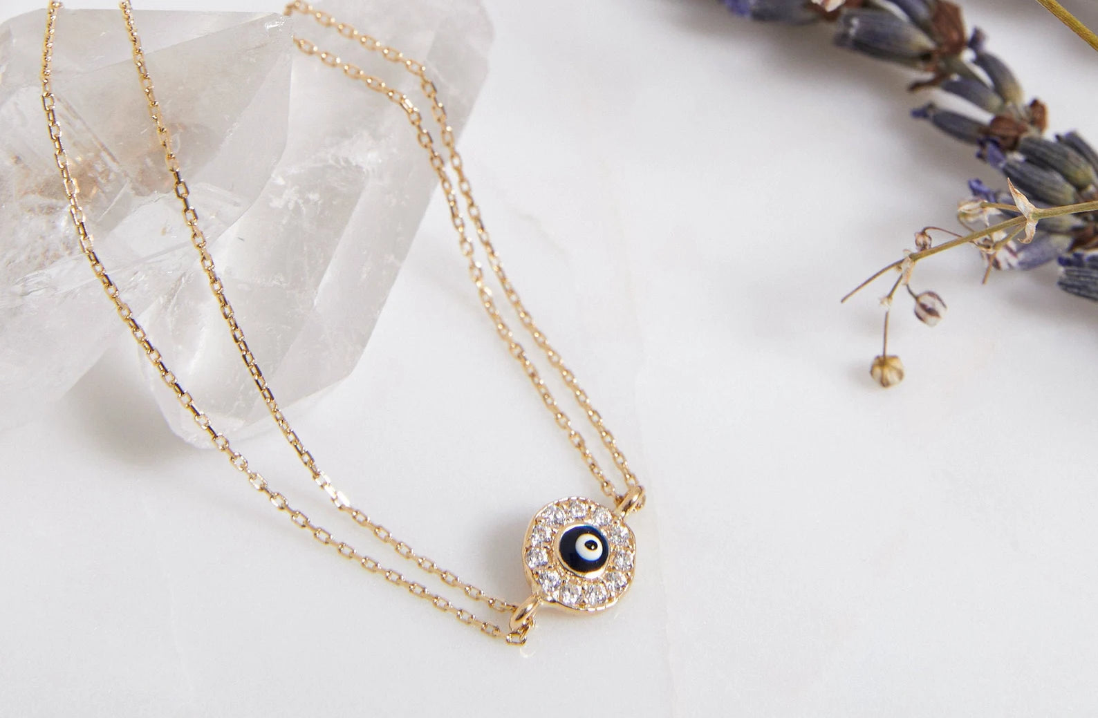 14K Solid Yellow Gold Round Evil Eye Bracelet