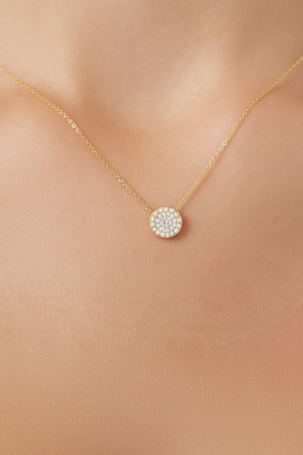 Collier cercle de diamants en or jaune 14K, collier de disque de diamant