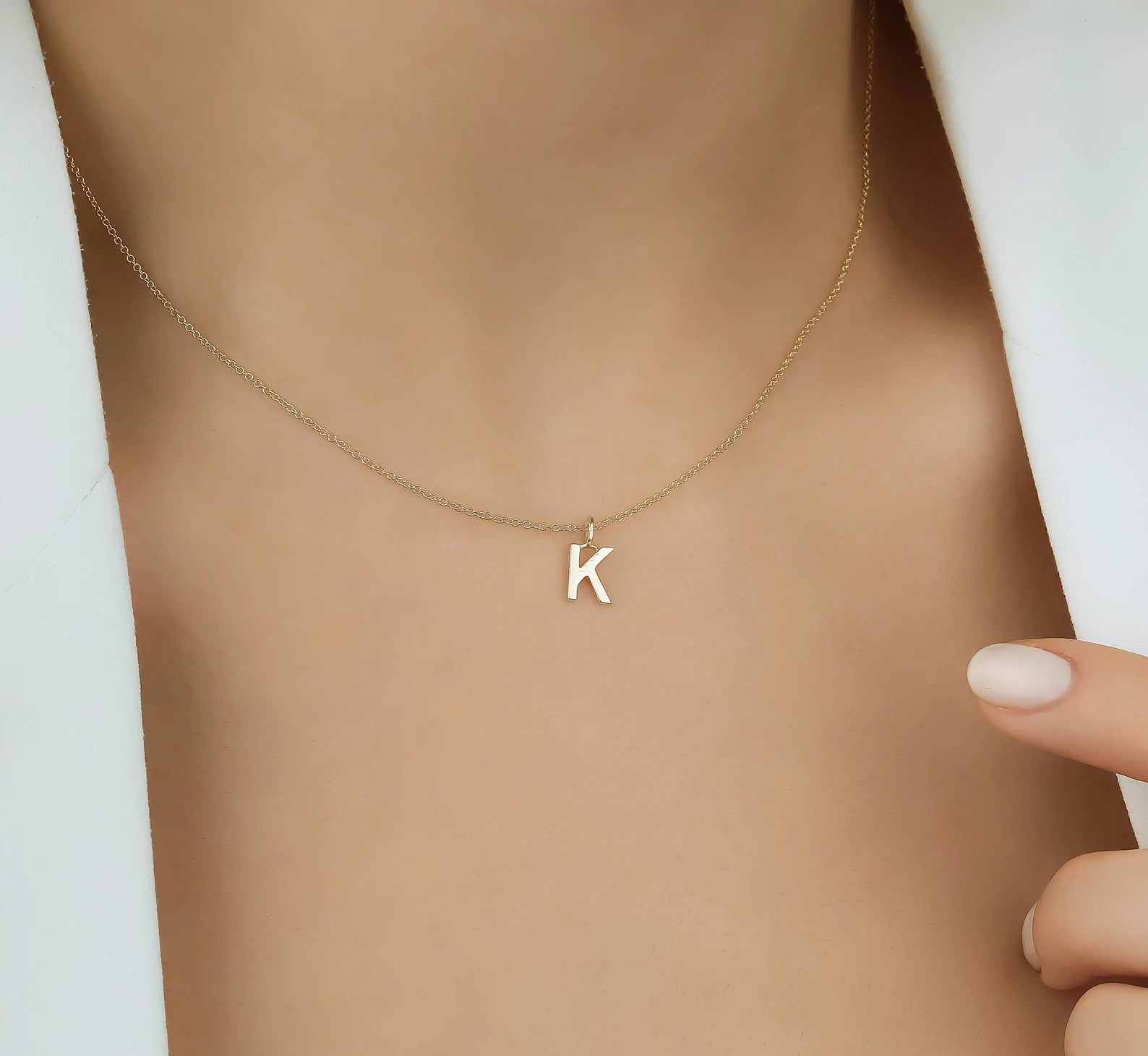 Collier initial en or jaune massif 14K, collier lettre K