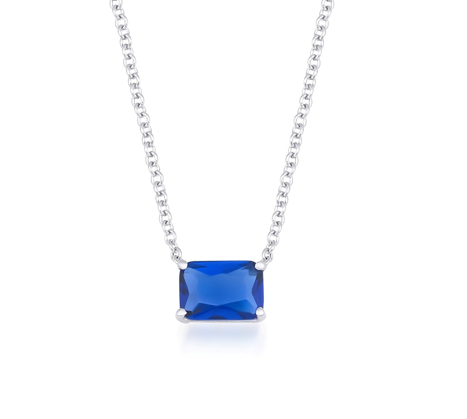 Sapphire Necklace, 14K White Gold Emerald Cut Sapphire Solitaire Necklace