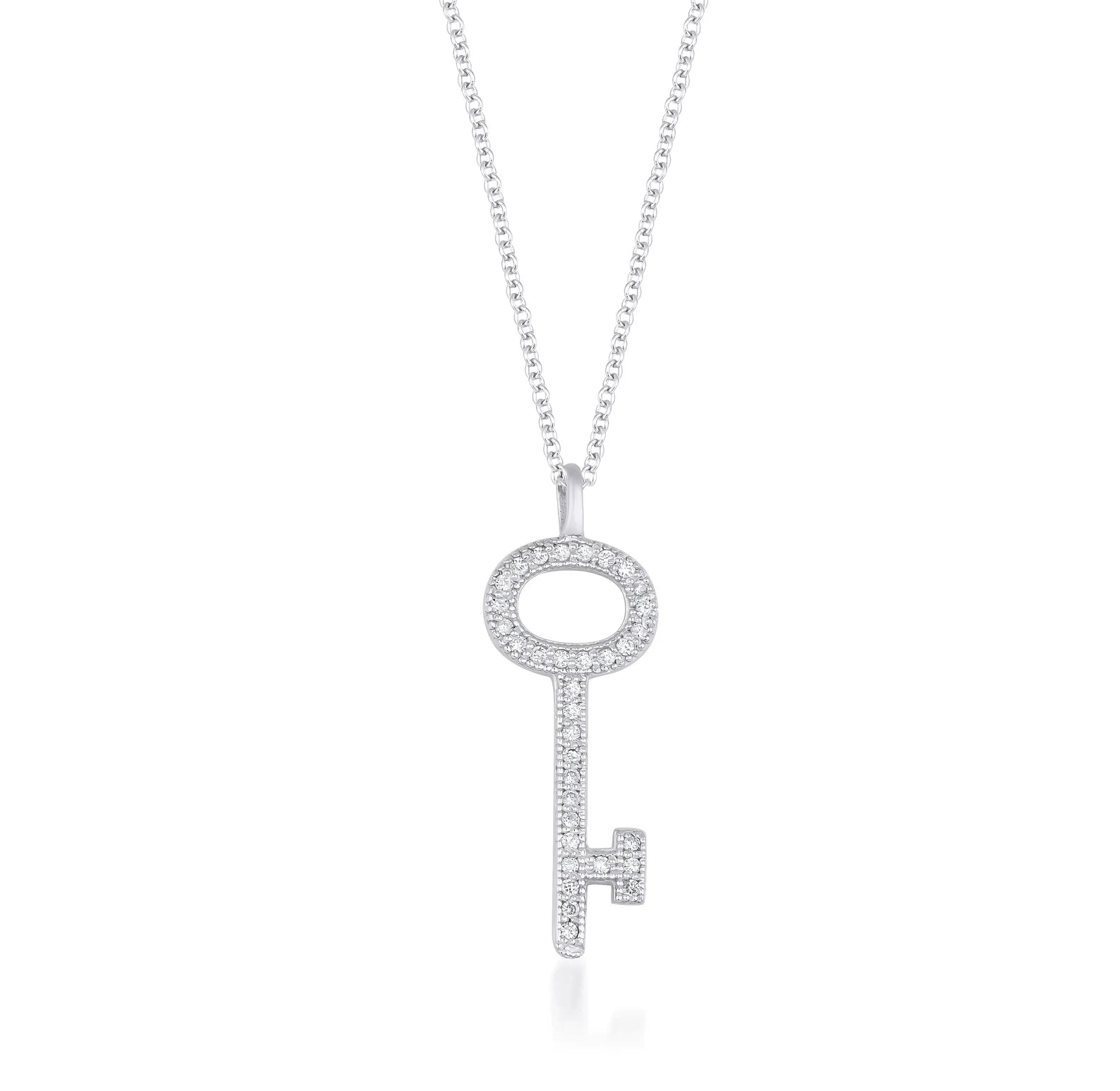14K Solid White Gold Diamond Key Necklace