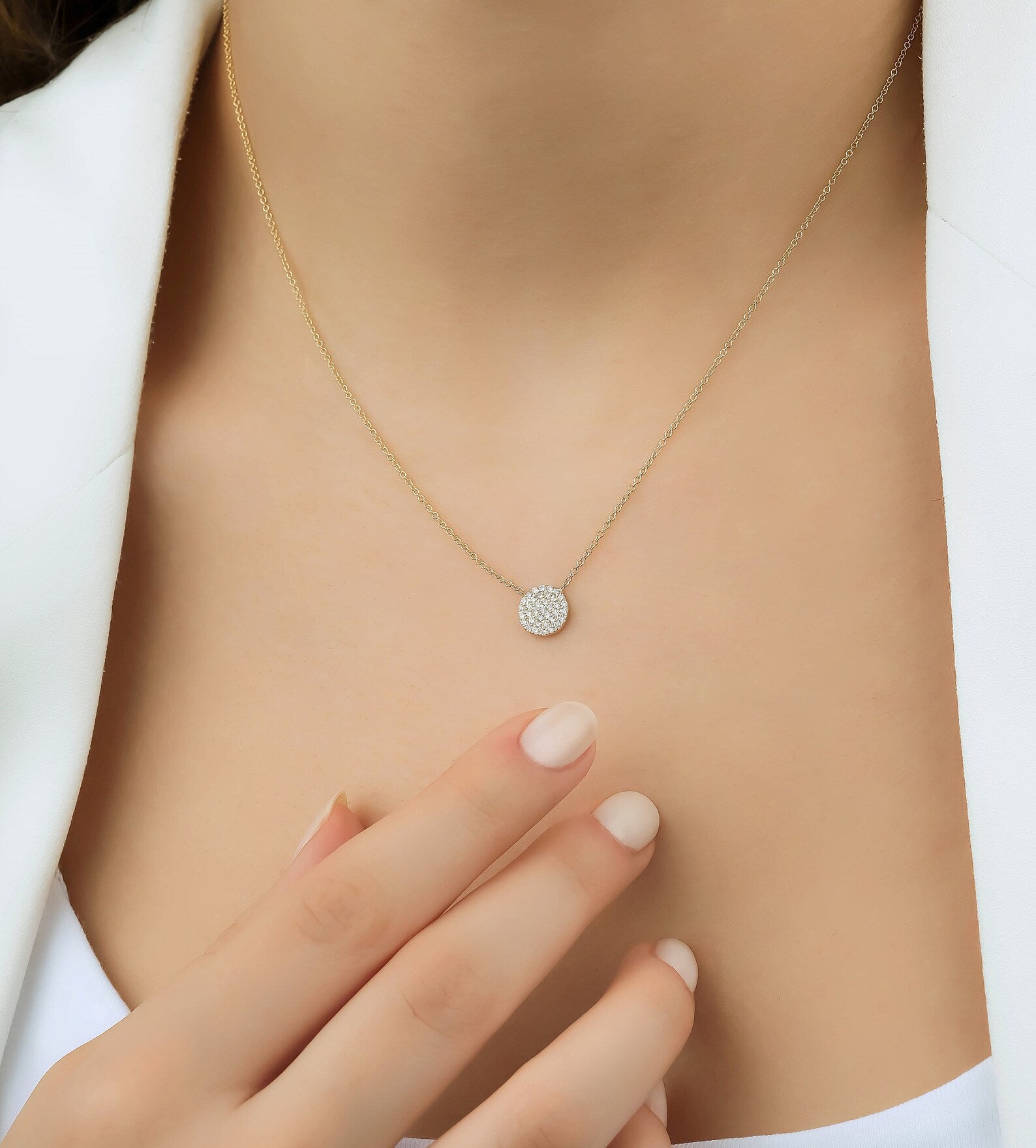 Collier cercle de diamants en or blanc 14K, collier de disque de diamant