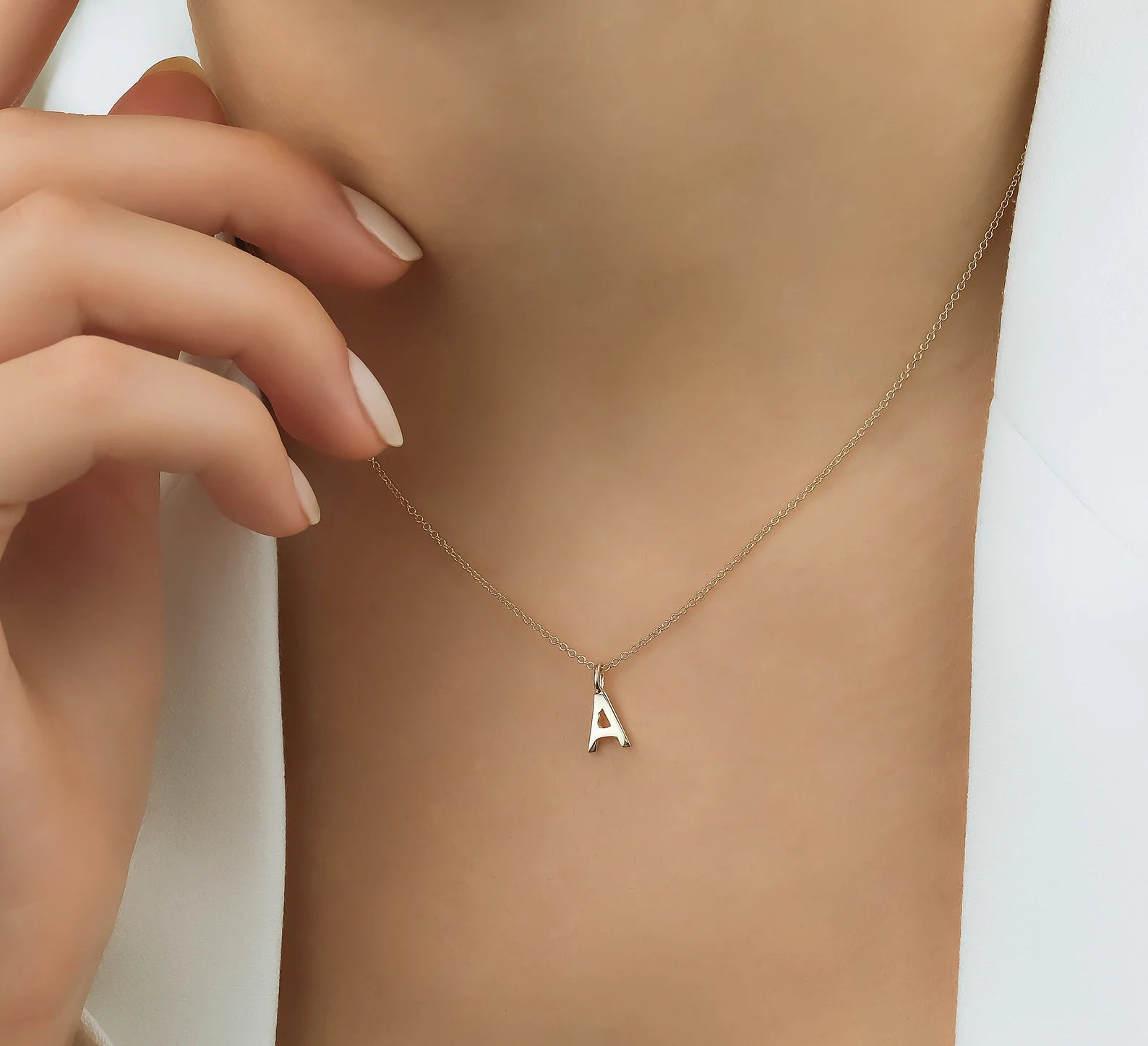 14K Solid White Gold Initial Necklace, Letter A Necklace