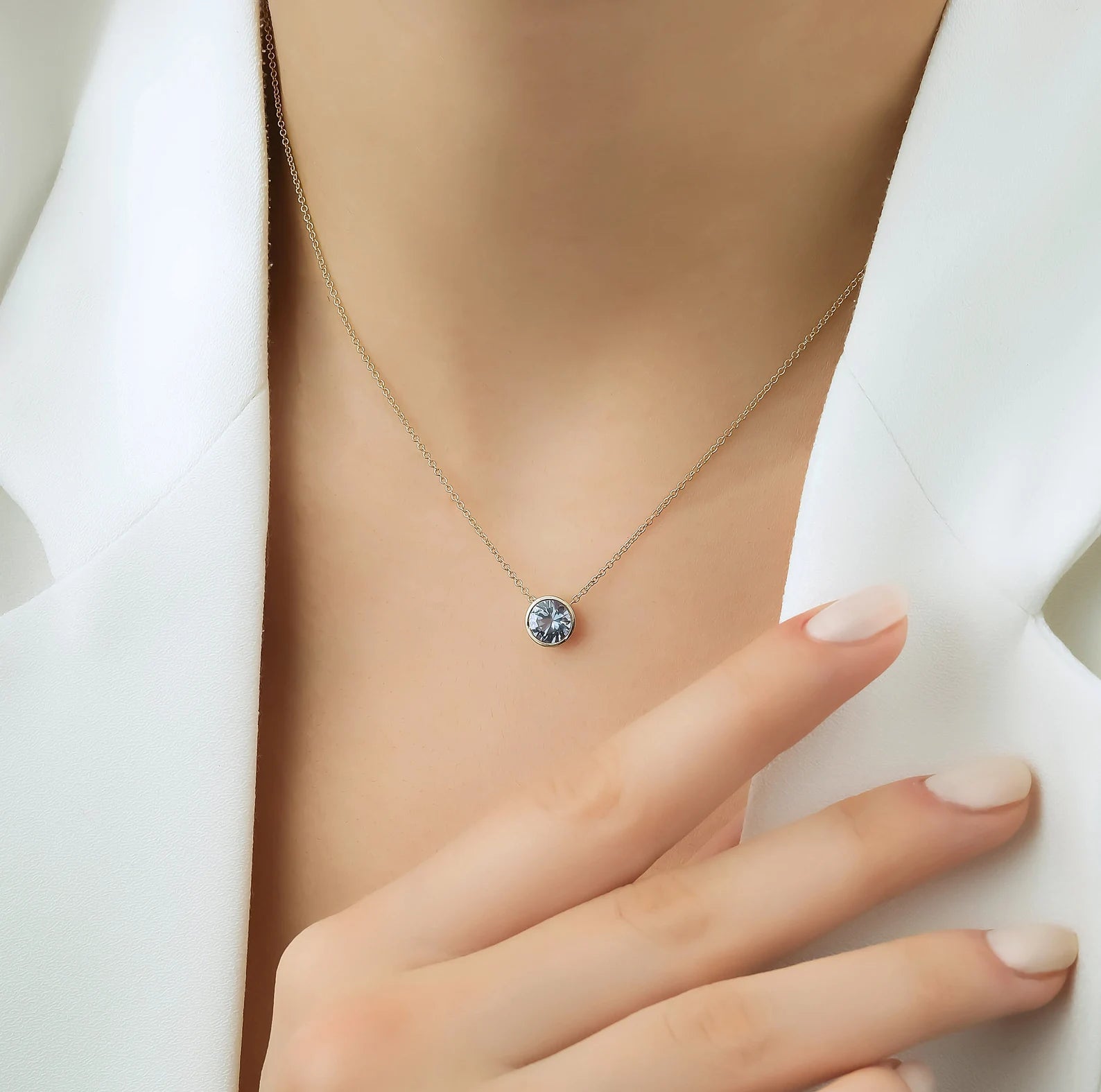 Collier aigue-marine, or blanc 14 carats, ensemble de lunette de 6 mm, collier solitaire aigue-marine