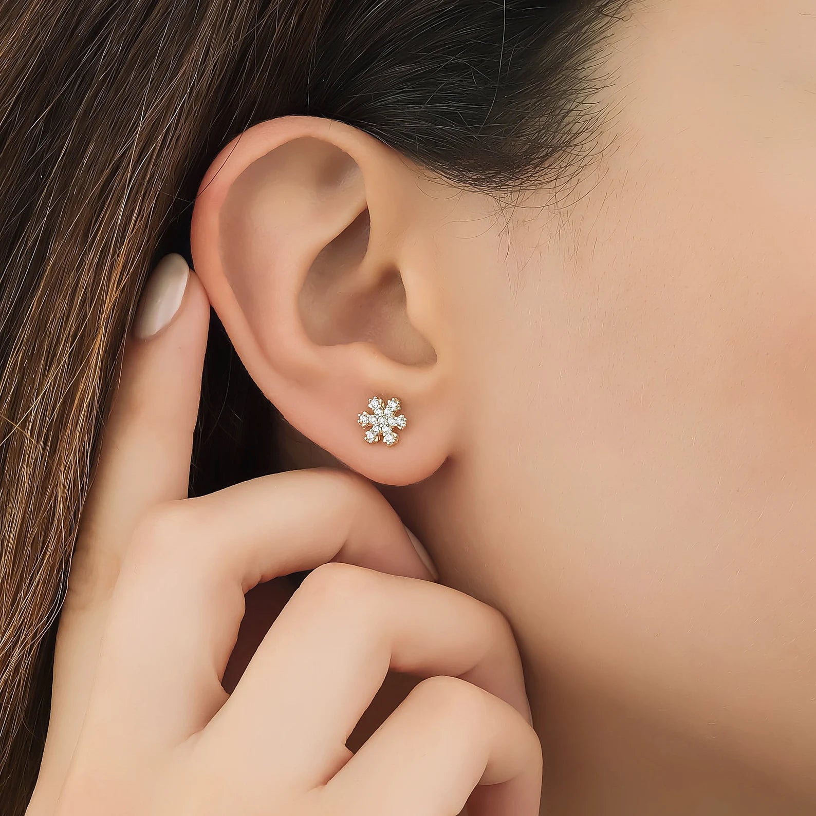 14K Solid Yellow Gold Snowflakes Stud Earrings