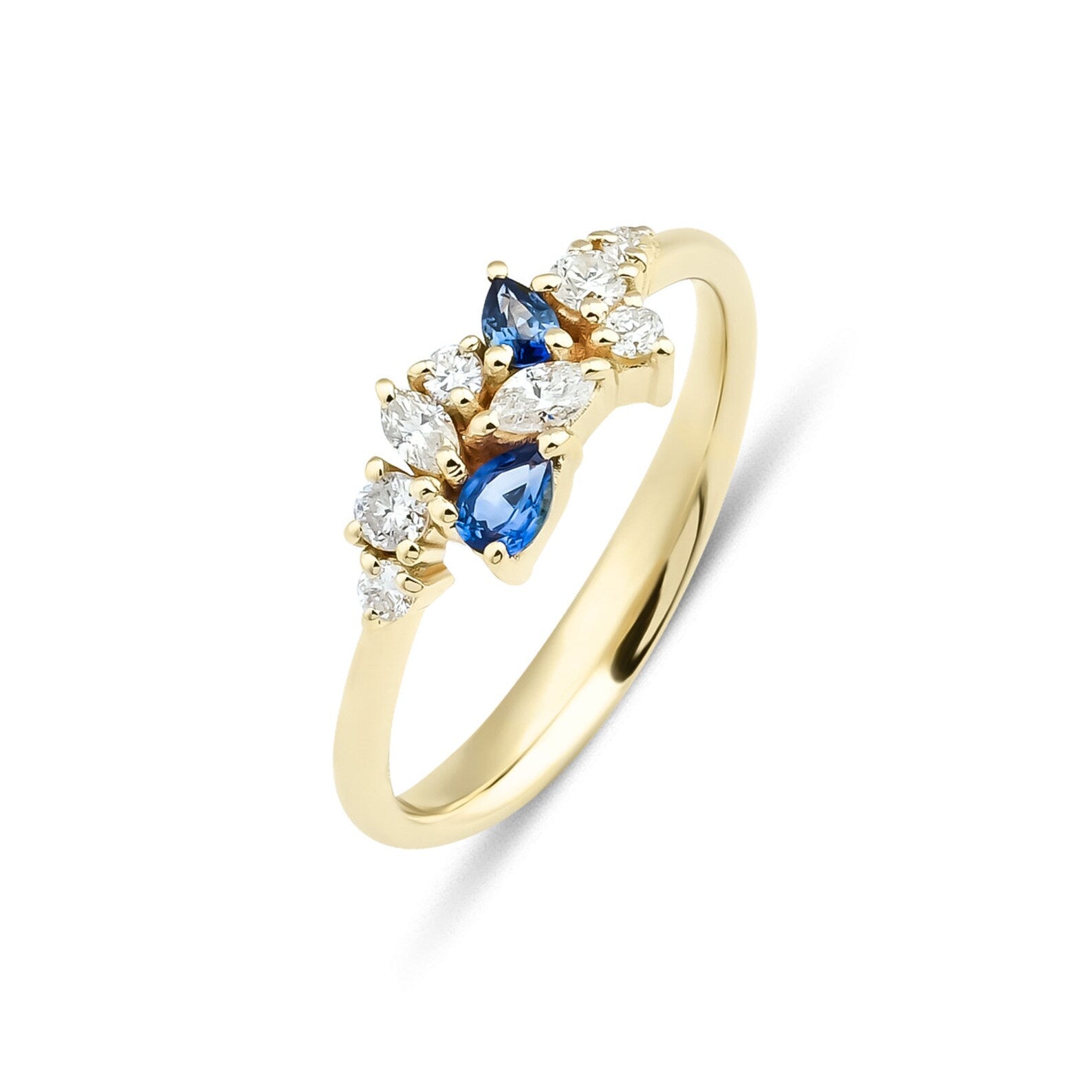 Bague en or 14 carats avec saphir naturel et diamants marquise