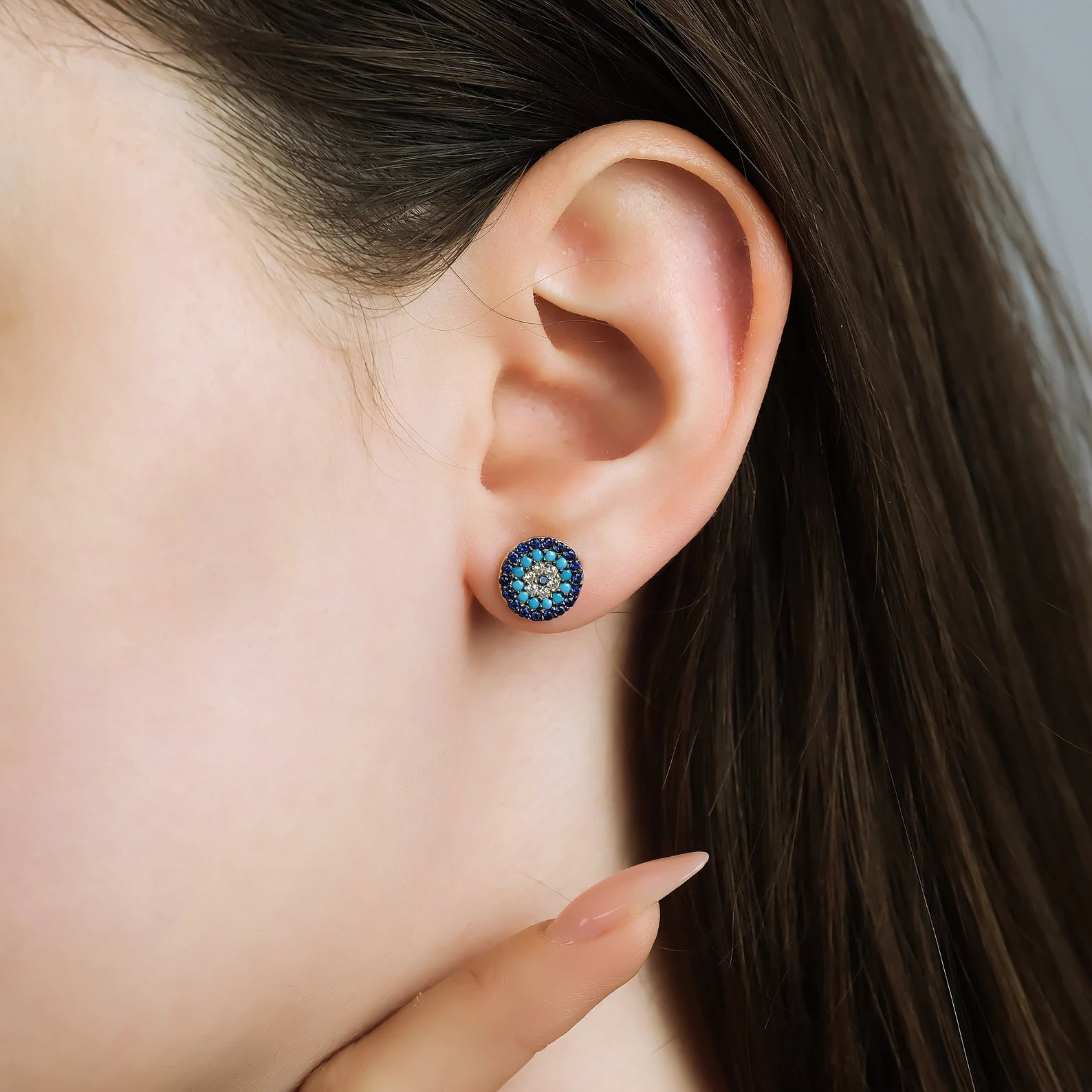 Boucles d'oreilles à tige en or jaune 14 carats et turquoise contre le mauvais œil