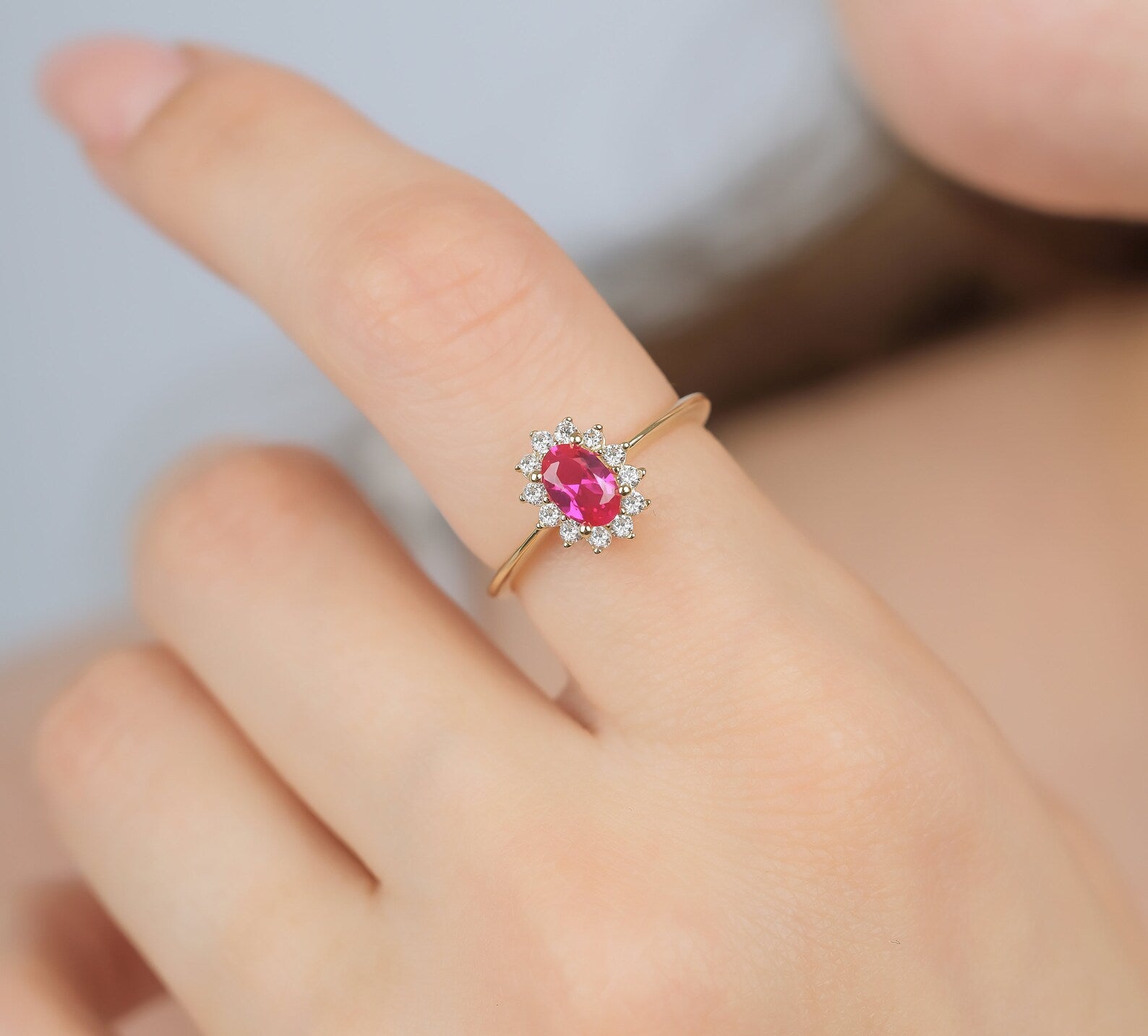 14K Solid Yellow Gold Oval Ruby Ring