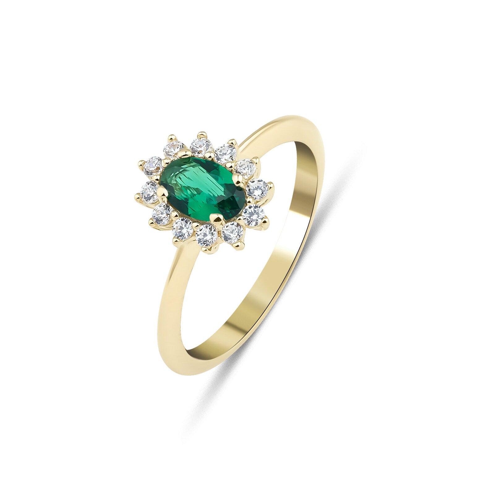 14K Solid Yellow Gold Oval Emerald Ring