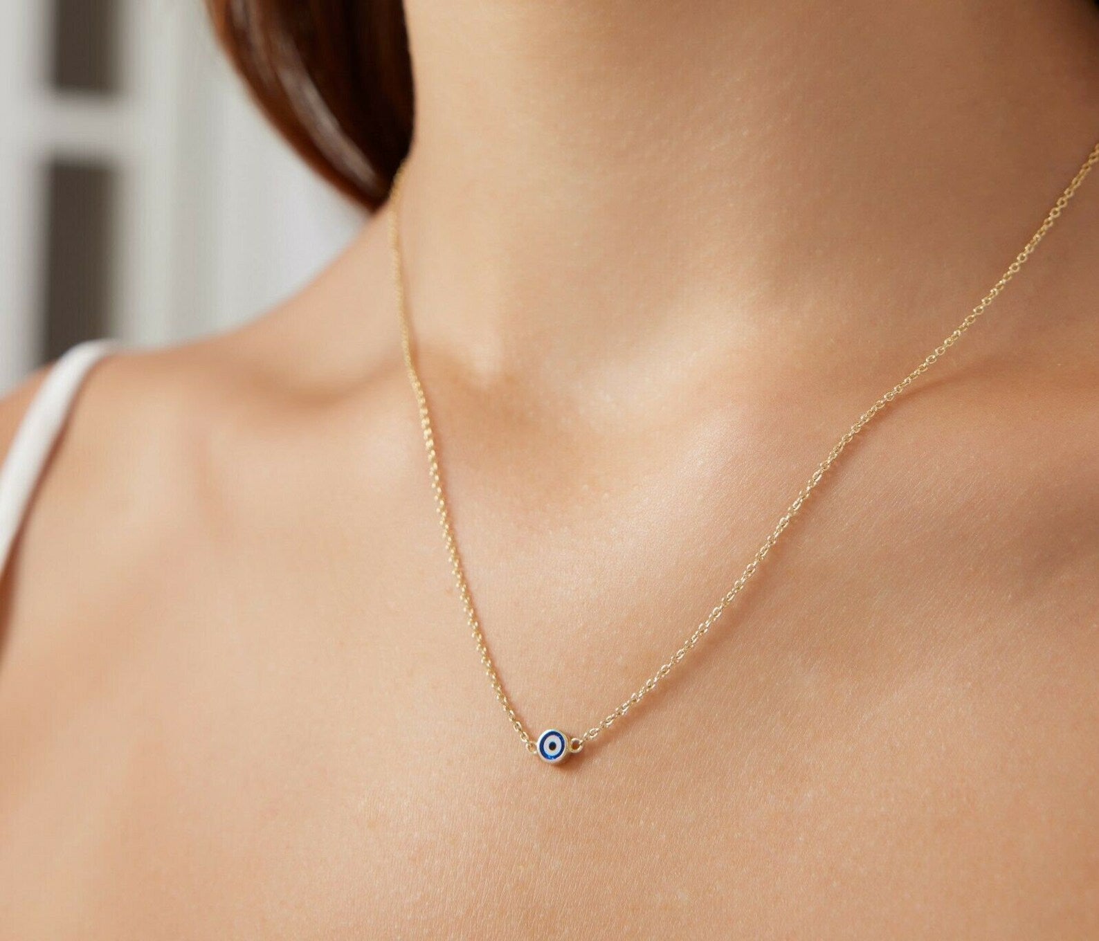 14K Solid Yellow Gold Minimalist Round Evil Eye Necklace