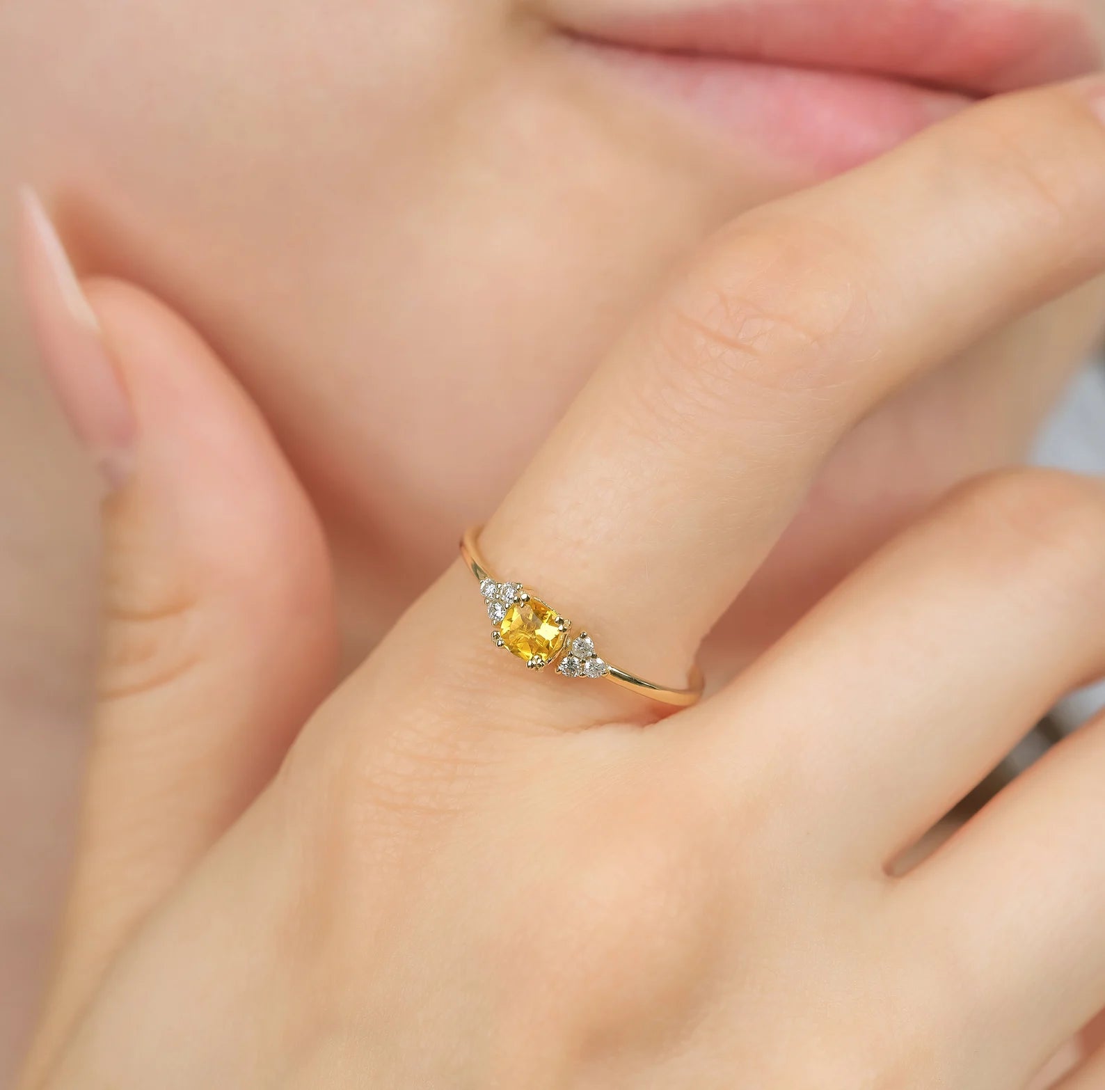 14K Yellow Gold Cushion Cut Citrine and Diamond Ring