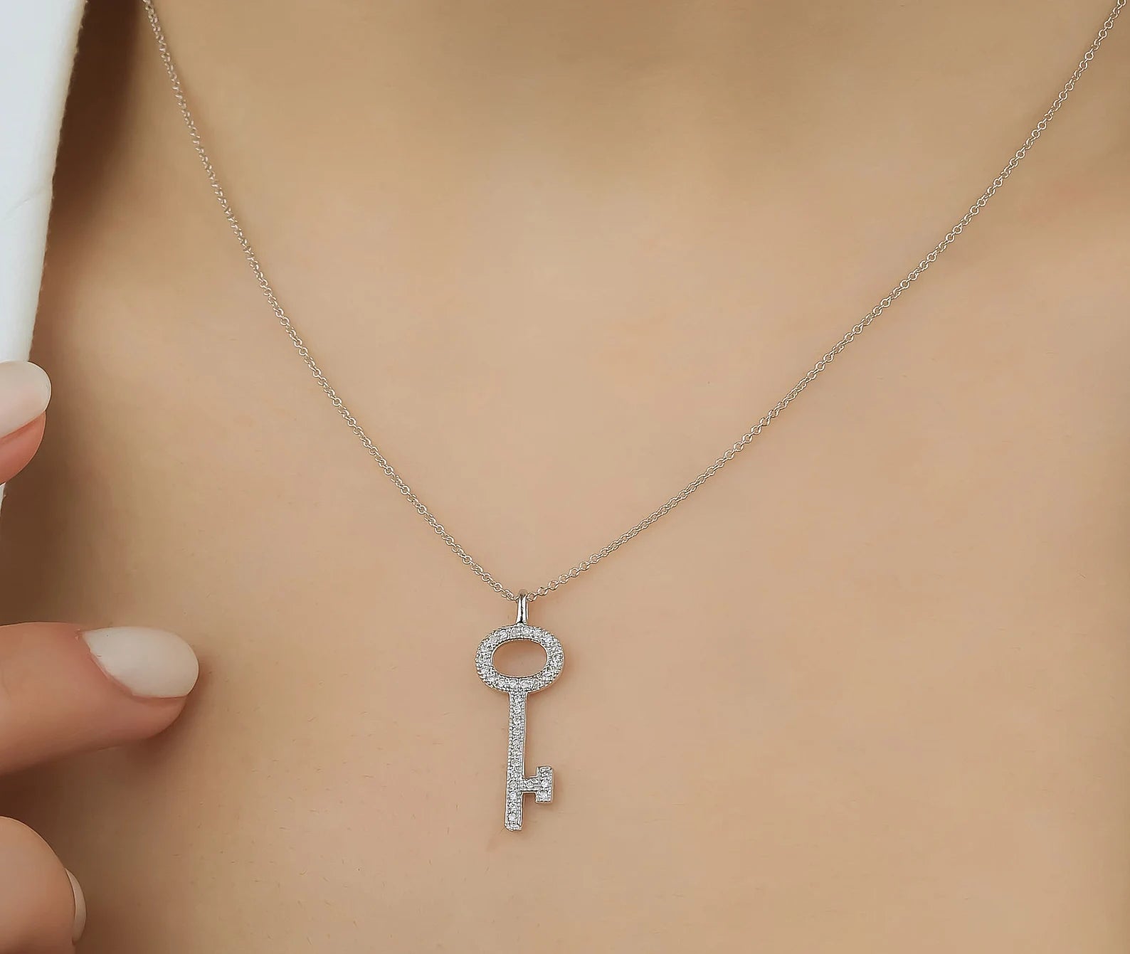 14K Solid White Gold Diamond Key Necklace