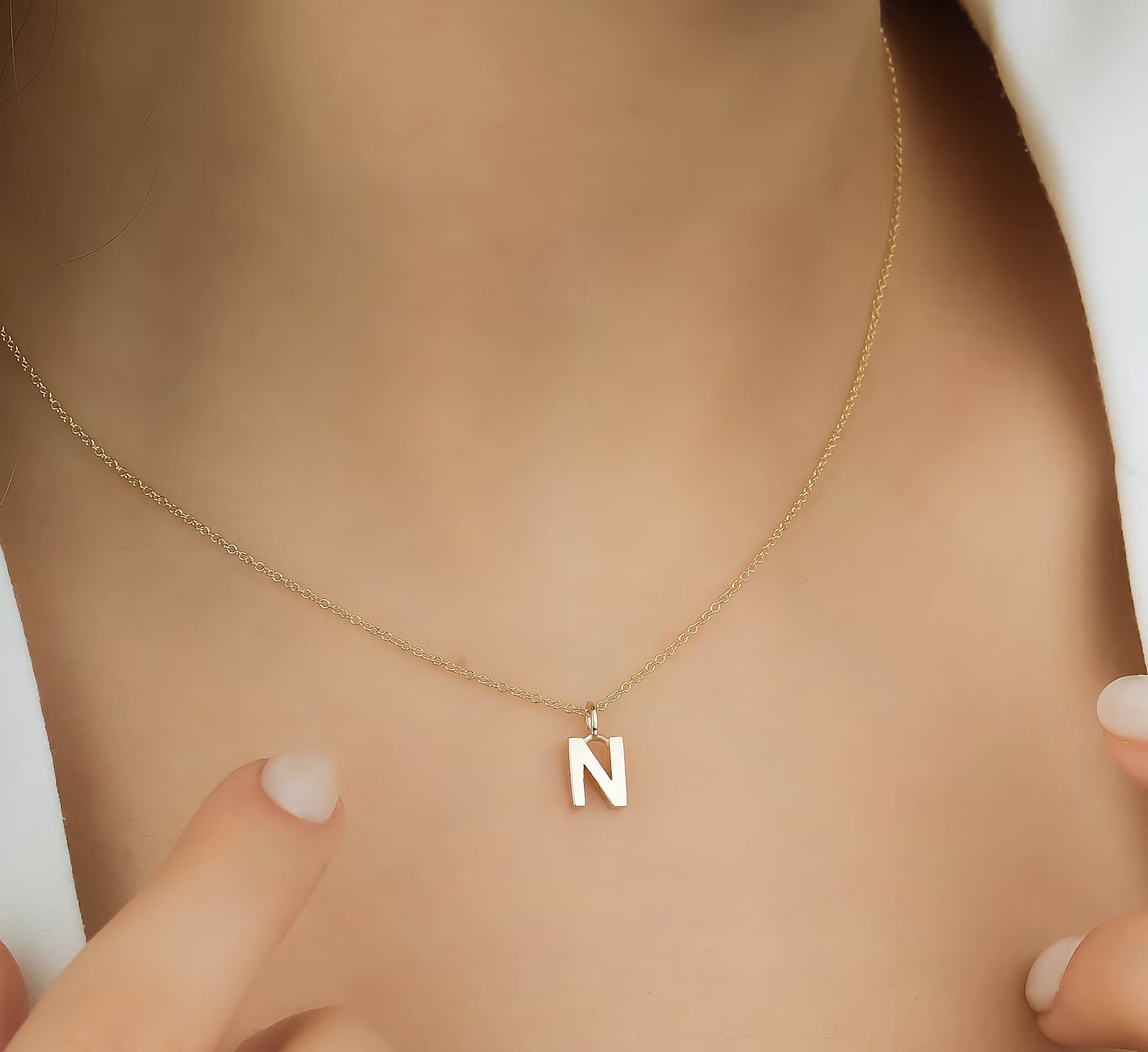 14K Solid Yellow Gold Initial Necklace, Letter N Necklace